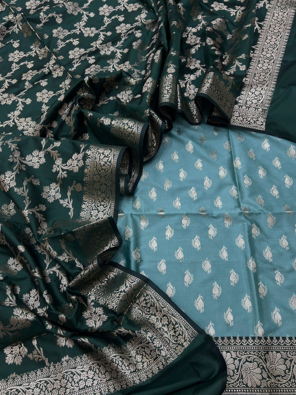 Banarasi silk zari jackard weaving contrast unstitched suits sets
