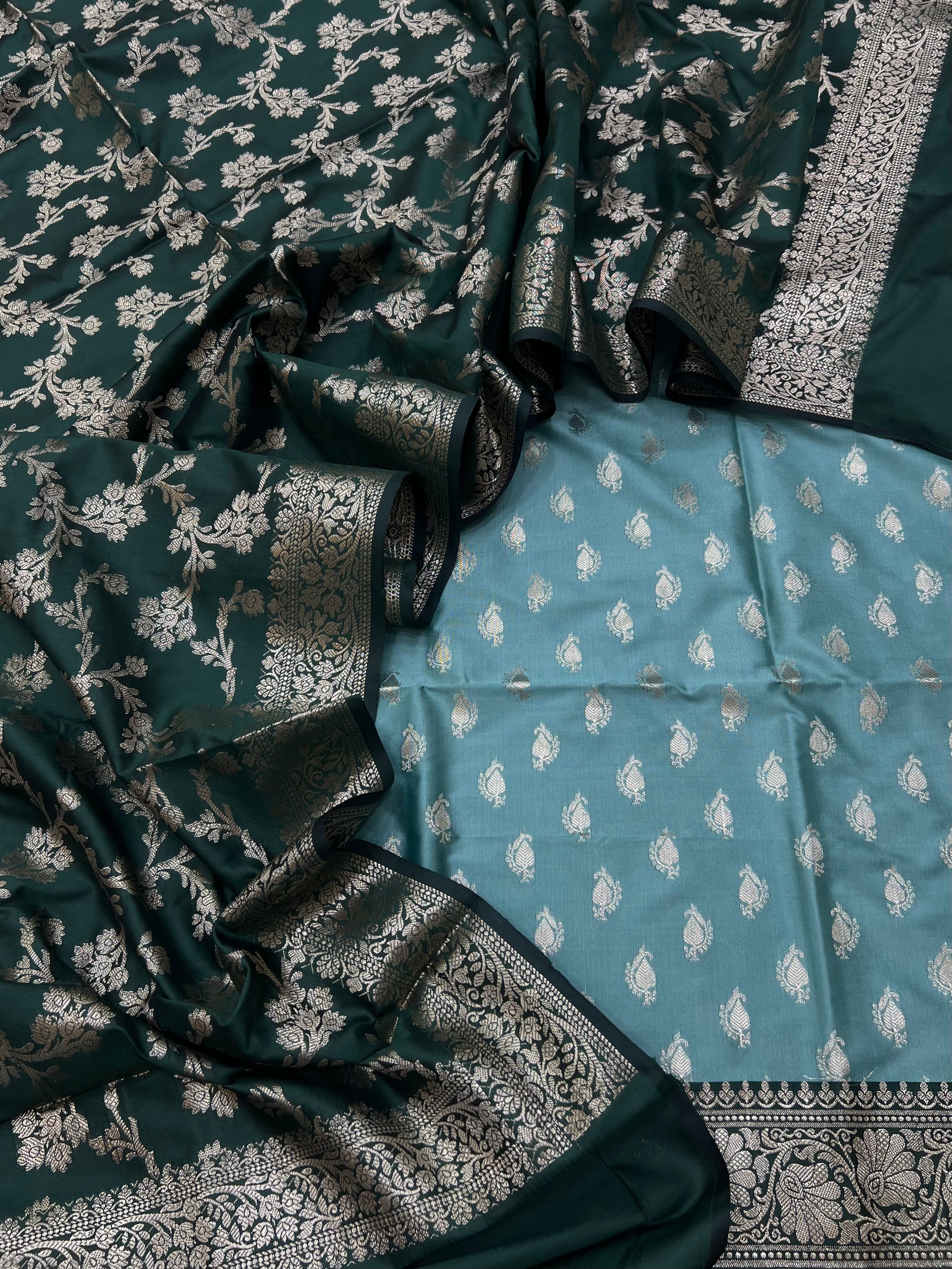 Banarasi silk zari jackard weaving contrast unstitched suits sets