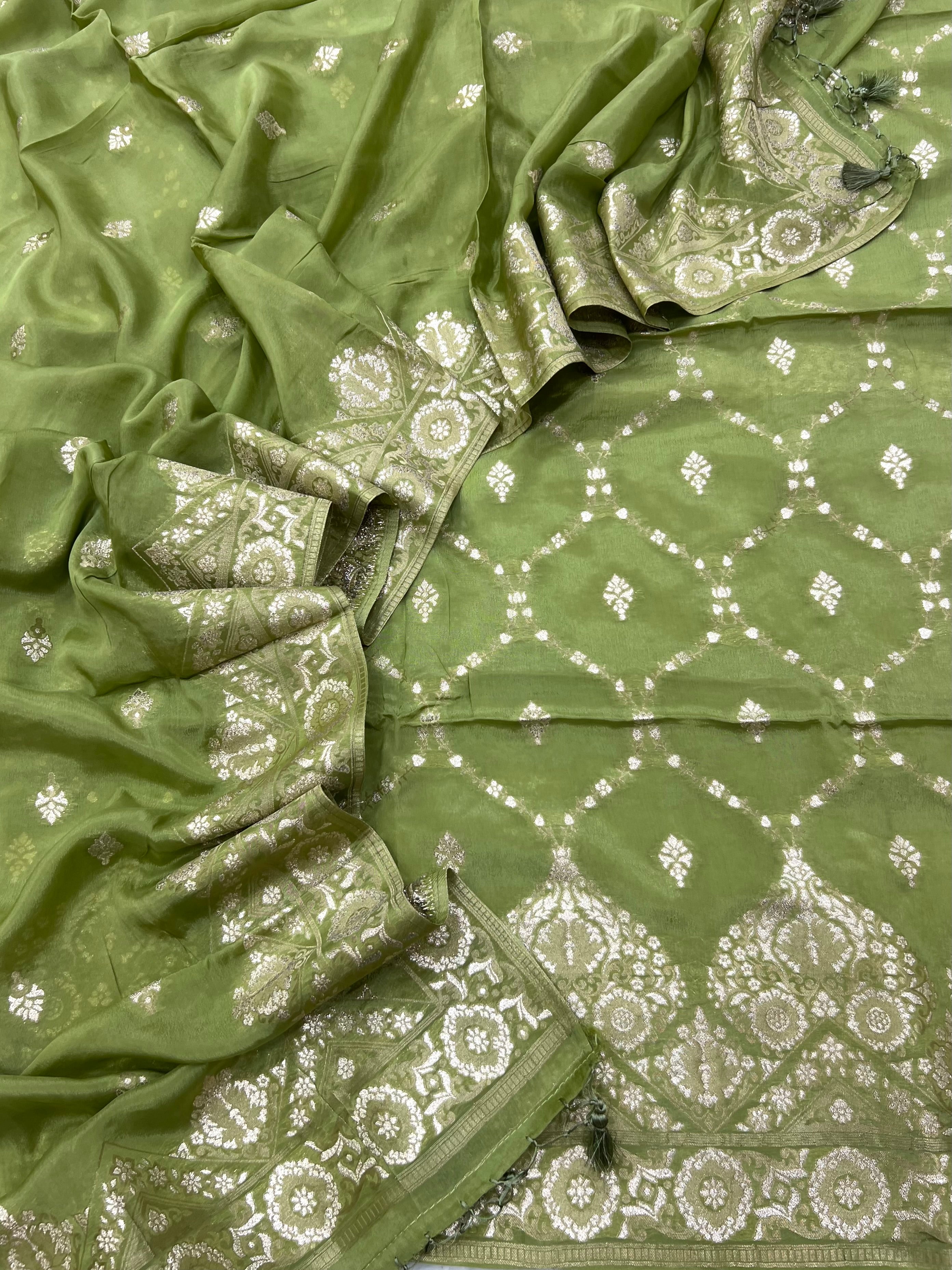 Pure crape antique almond zari weaved unstitched suits collections