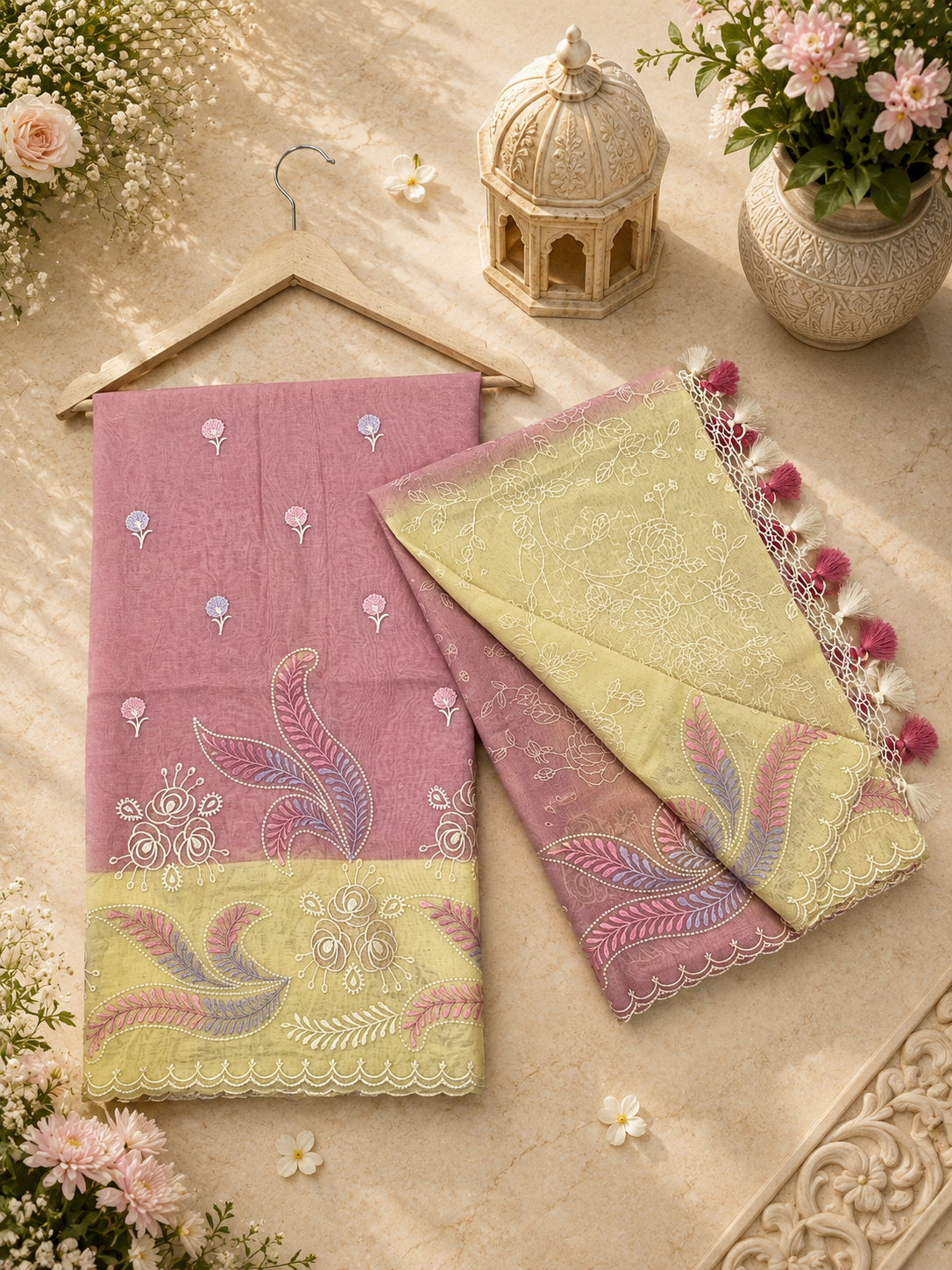 Pure mal Chanderi embroidery with contrast dyed unstiched suits sets
