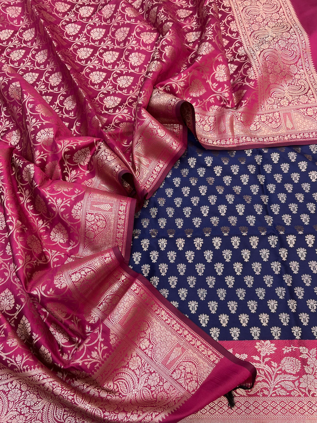 Banarasi silk zari jackard weaving multi contrast unstitched suits sets