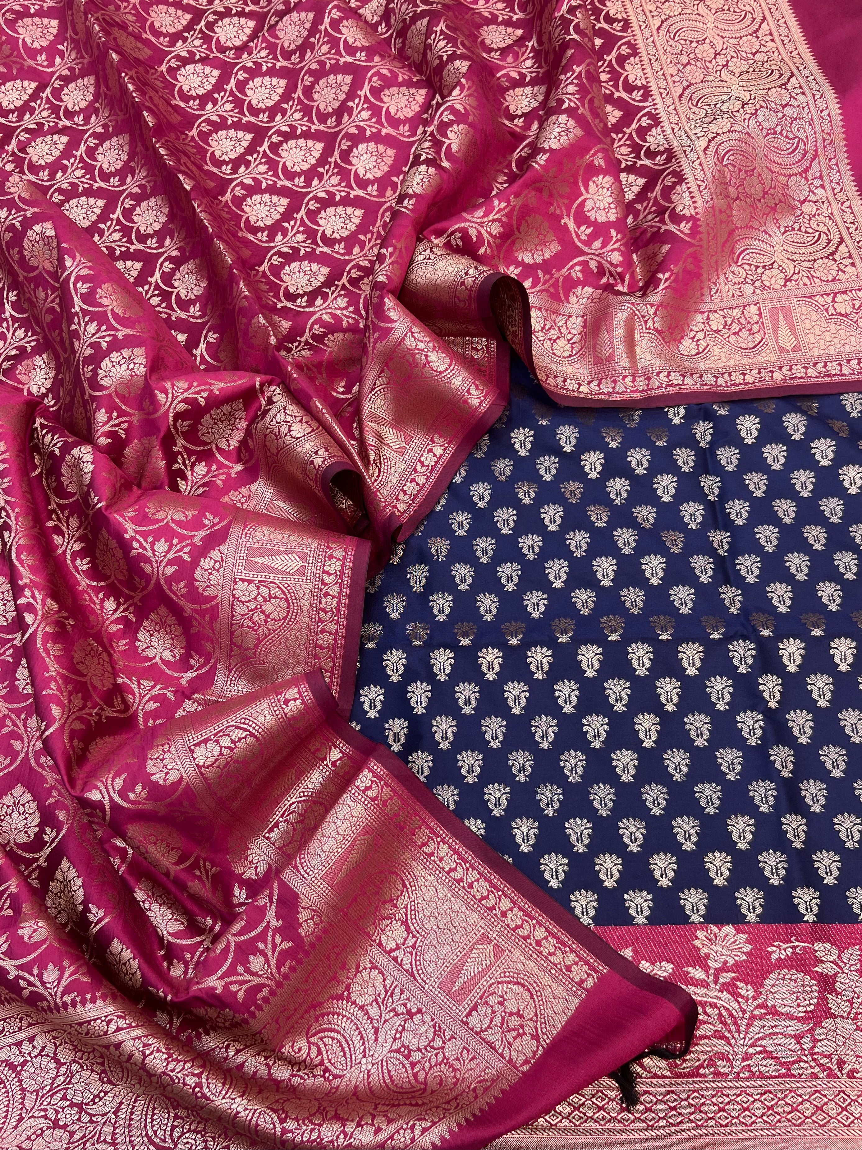 Banarasi silk zari jackard weaving multi contrast unstitched suits sets