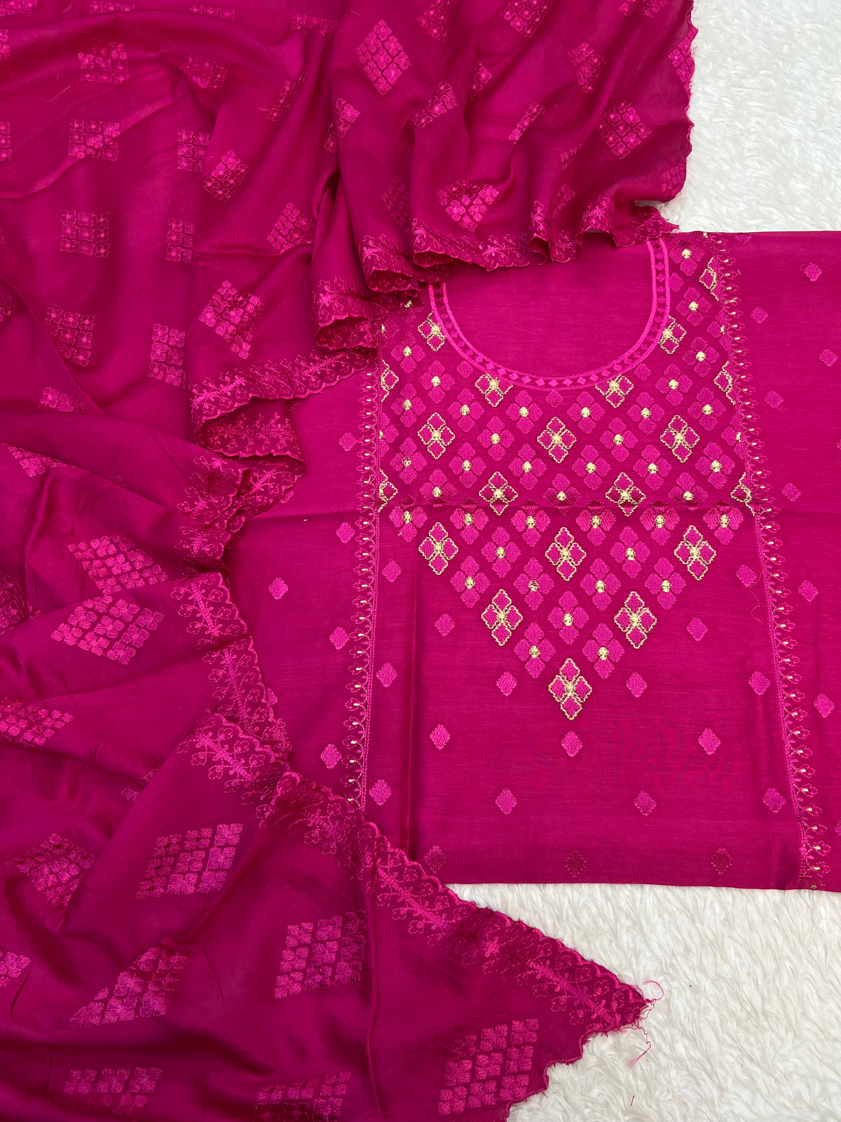 Pure Maheshwari silk neck work embroidered zari mina unstiched suits