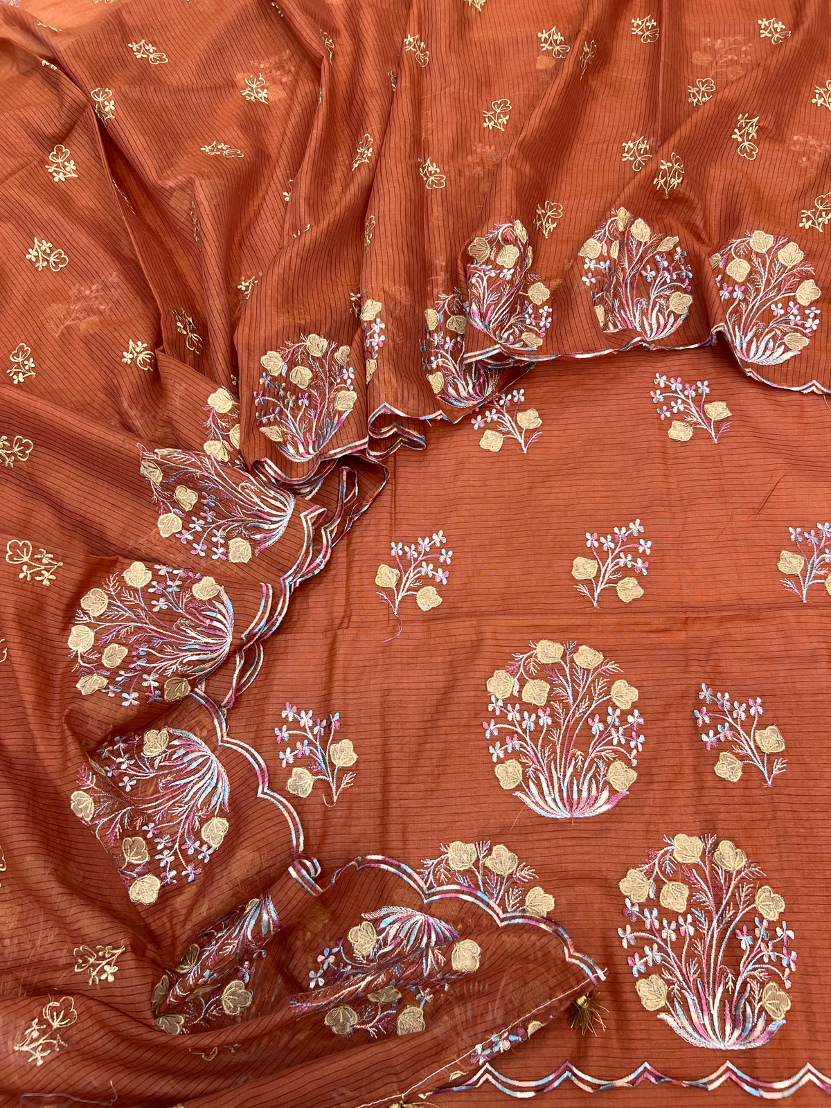 Pure mal Chanderi stripe weaved floral embroidered blossom boota unstiched suits sets