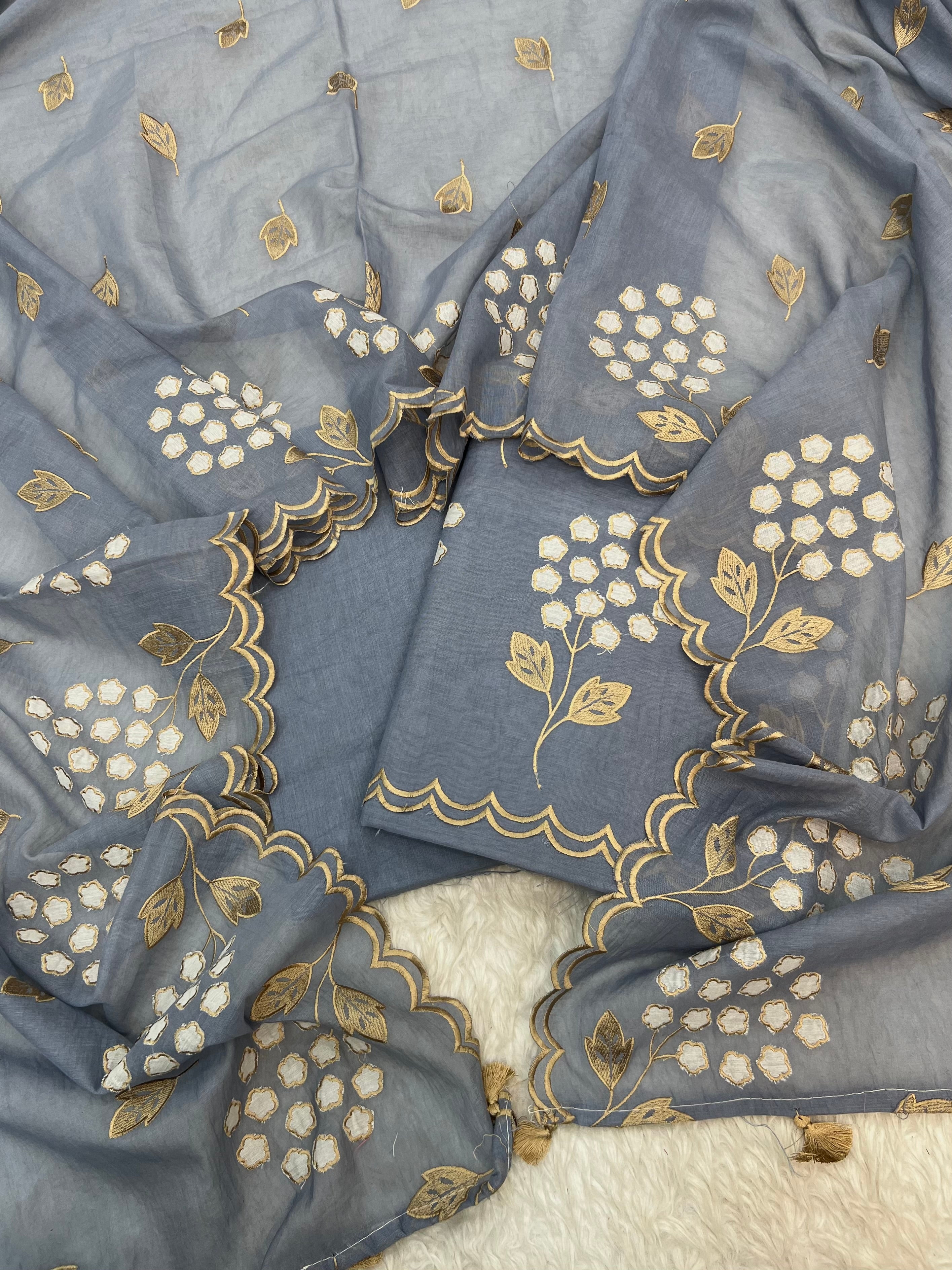 Pure mal Chanderi beige tussar embroidered cotton applique Alia Bhatt inspired unstitched suits sets