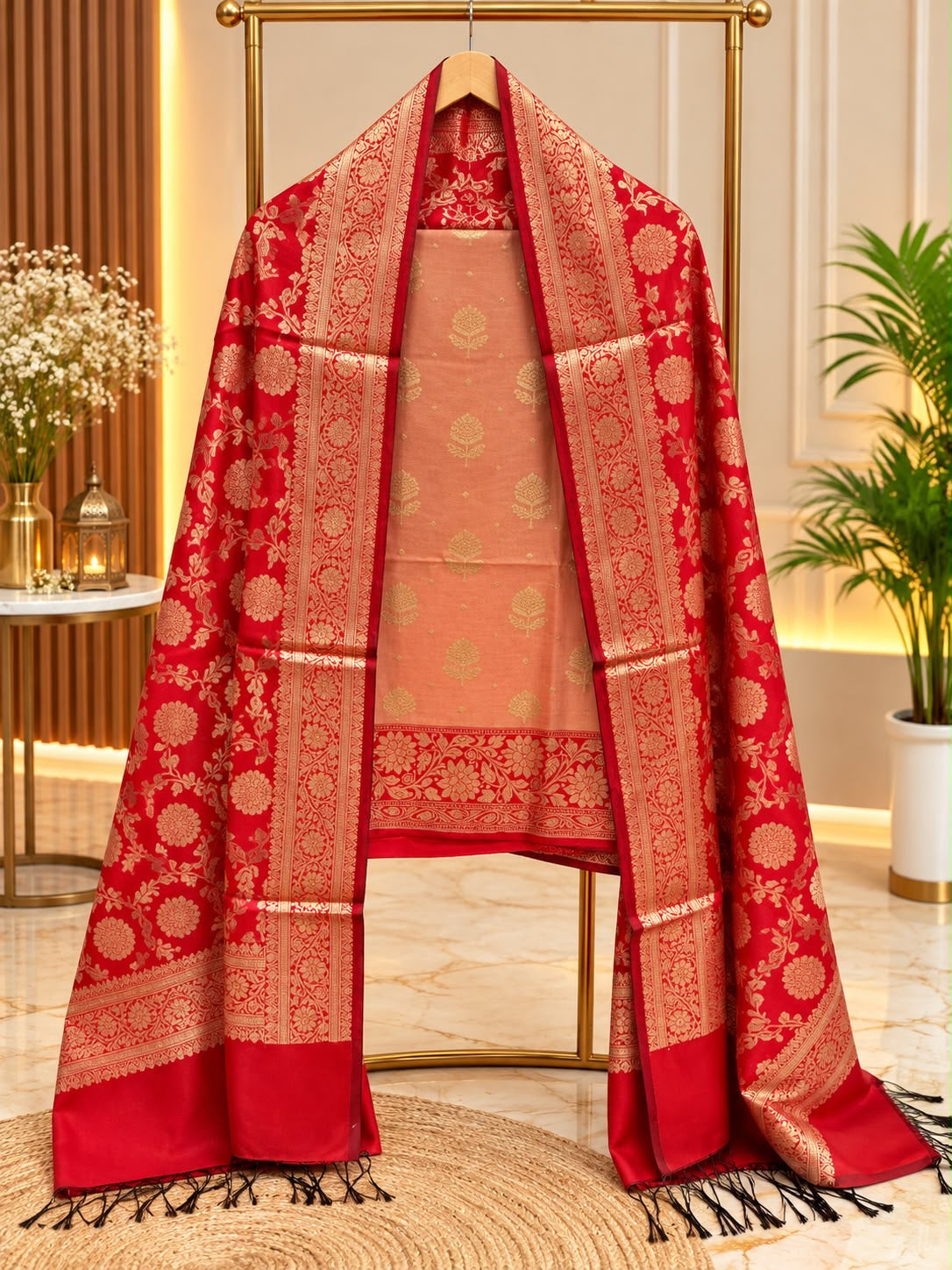Banarasi silk zari jackard weaved contrast unstiched suits sets