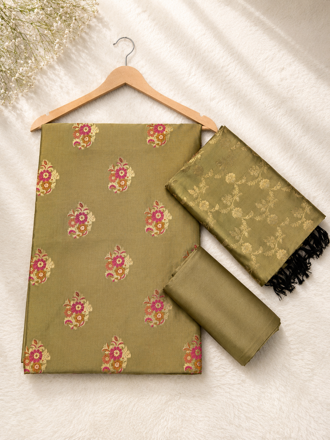 Banarasi silk zari tilfi Mina guldasta boota weaved unstitched suits sets