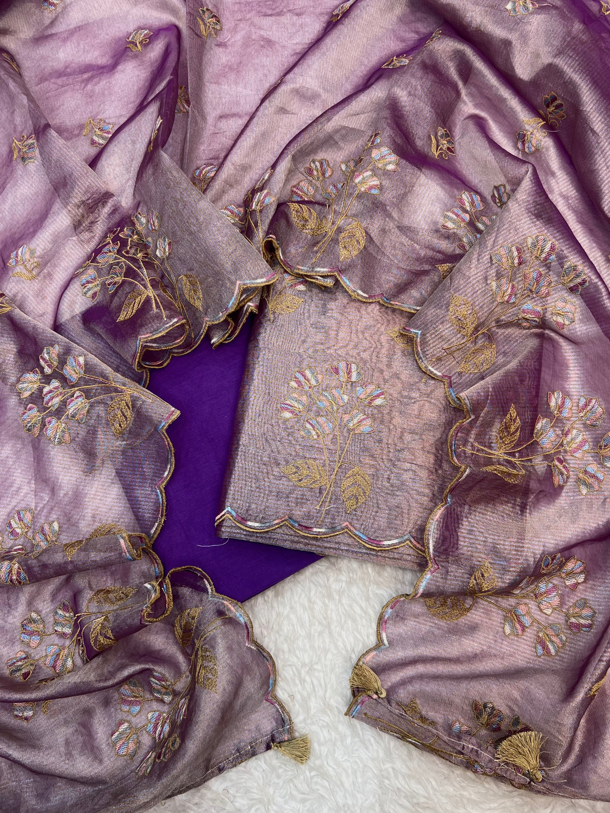 Pure tissue stripe zari weaved with embroidery work unstiched suits sets