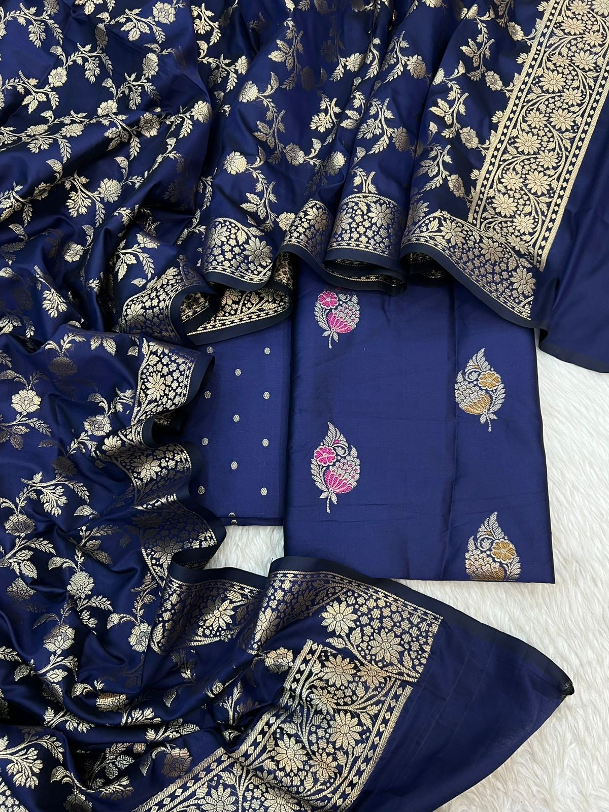 Banarasi silk zari jackard Mina alfi boota unstitched suits collections