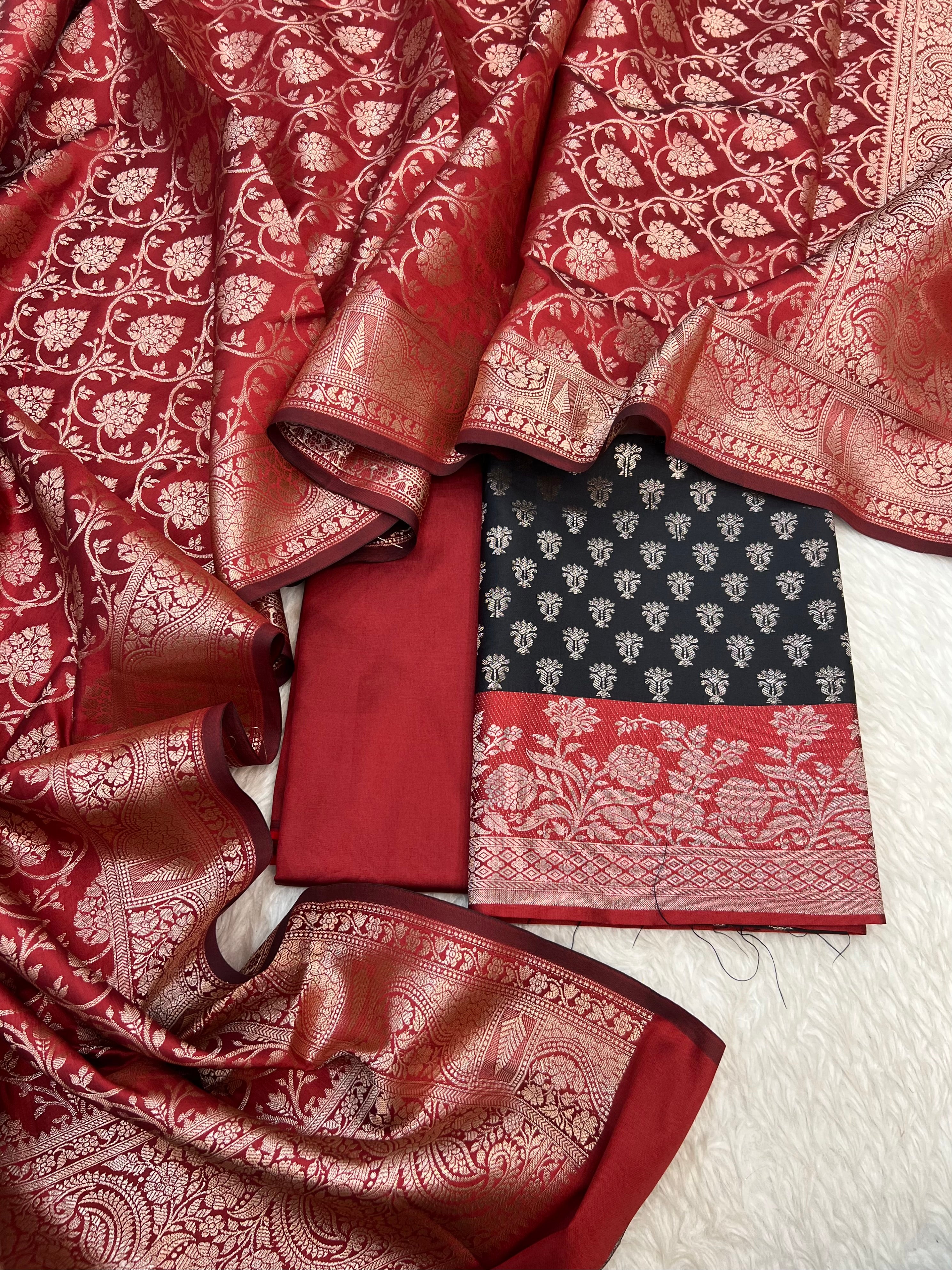 Banarasi silk zari jackard weaving multi contrast unstitched suits sets