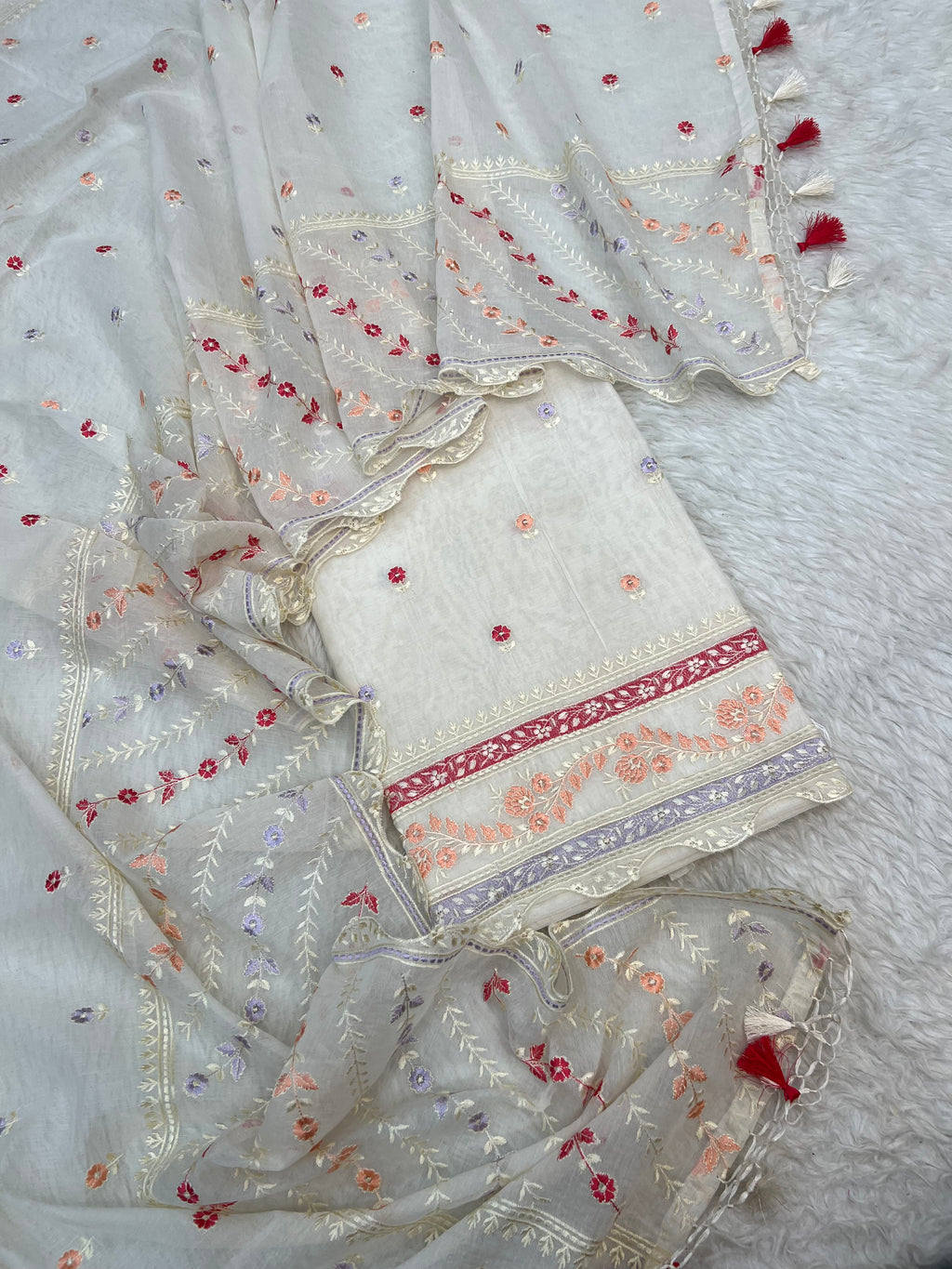 Pure mal Chanderi interlocking arched rangkat multi embroidered unstitched suit sets