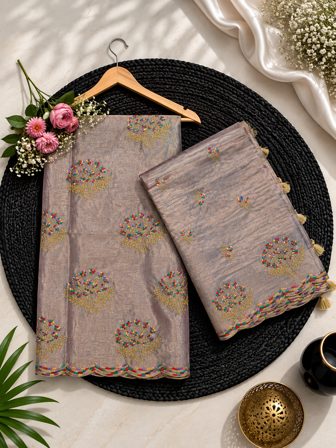 Pure tissue stripe zari weaved with embroidery work unstiched suits sets