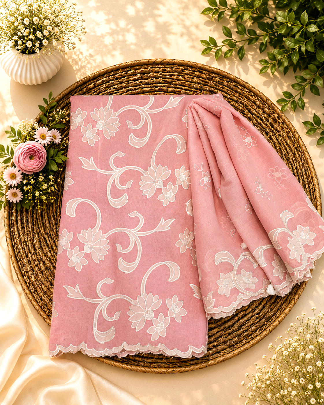 Pure mal Chanderi cotton Applique cutwork unstitched suits sets