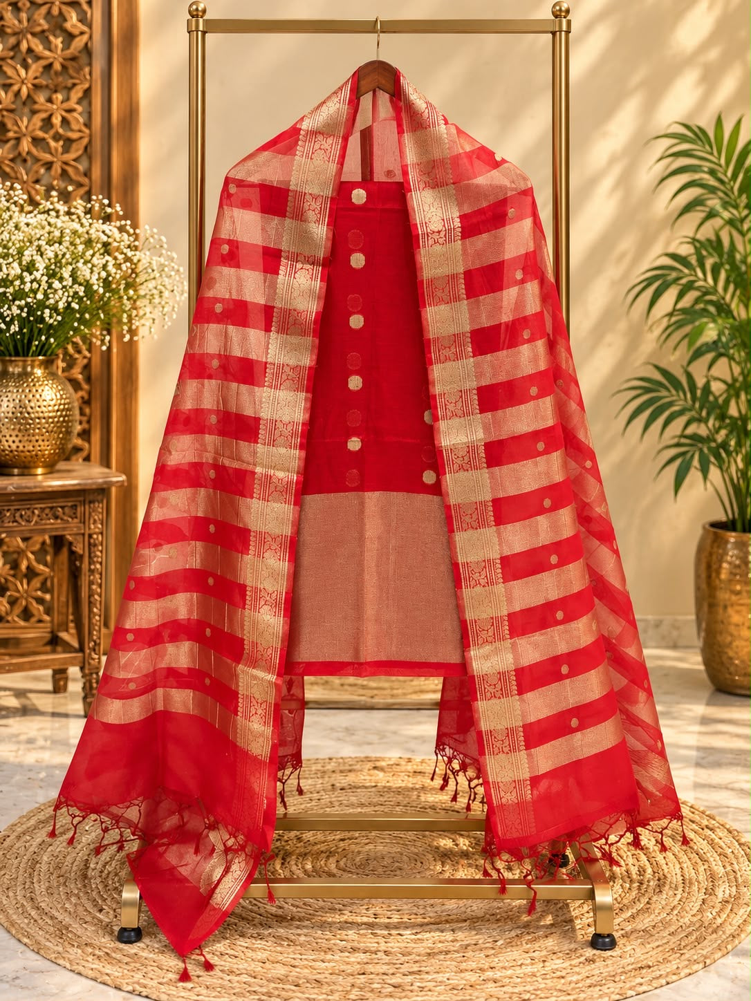 Pure mal Chanderi zari stripe polka weaved unstiched suits sets