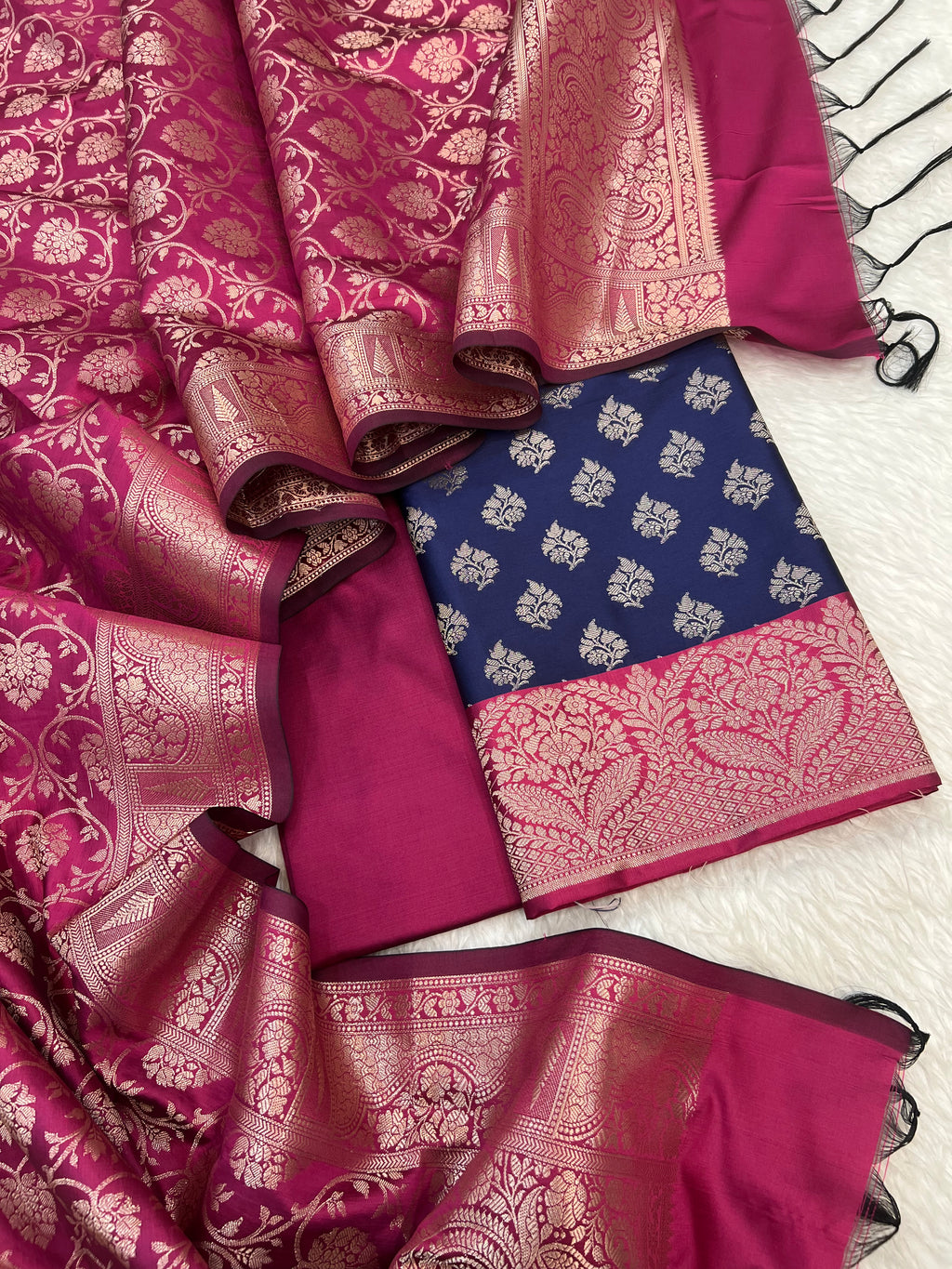 Banarasi silk zari jackard weaving multi contrast unstitched suits sets