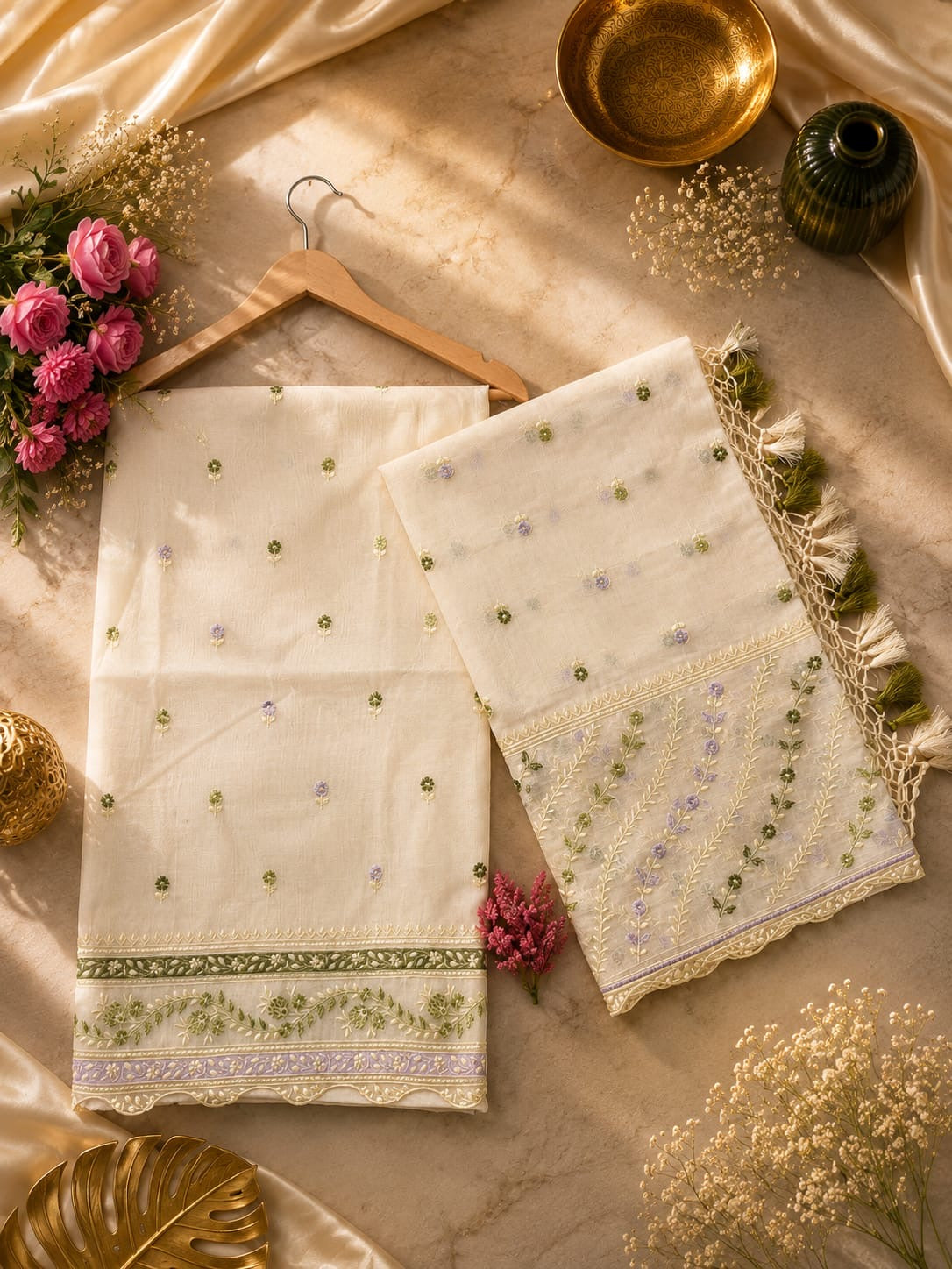 Pure mal Chanderi interlocking arched rangkat multi embroidered unstitched suit sets