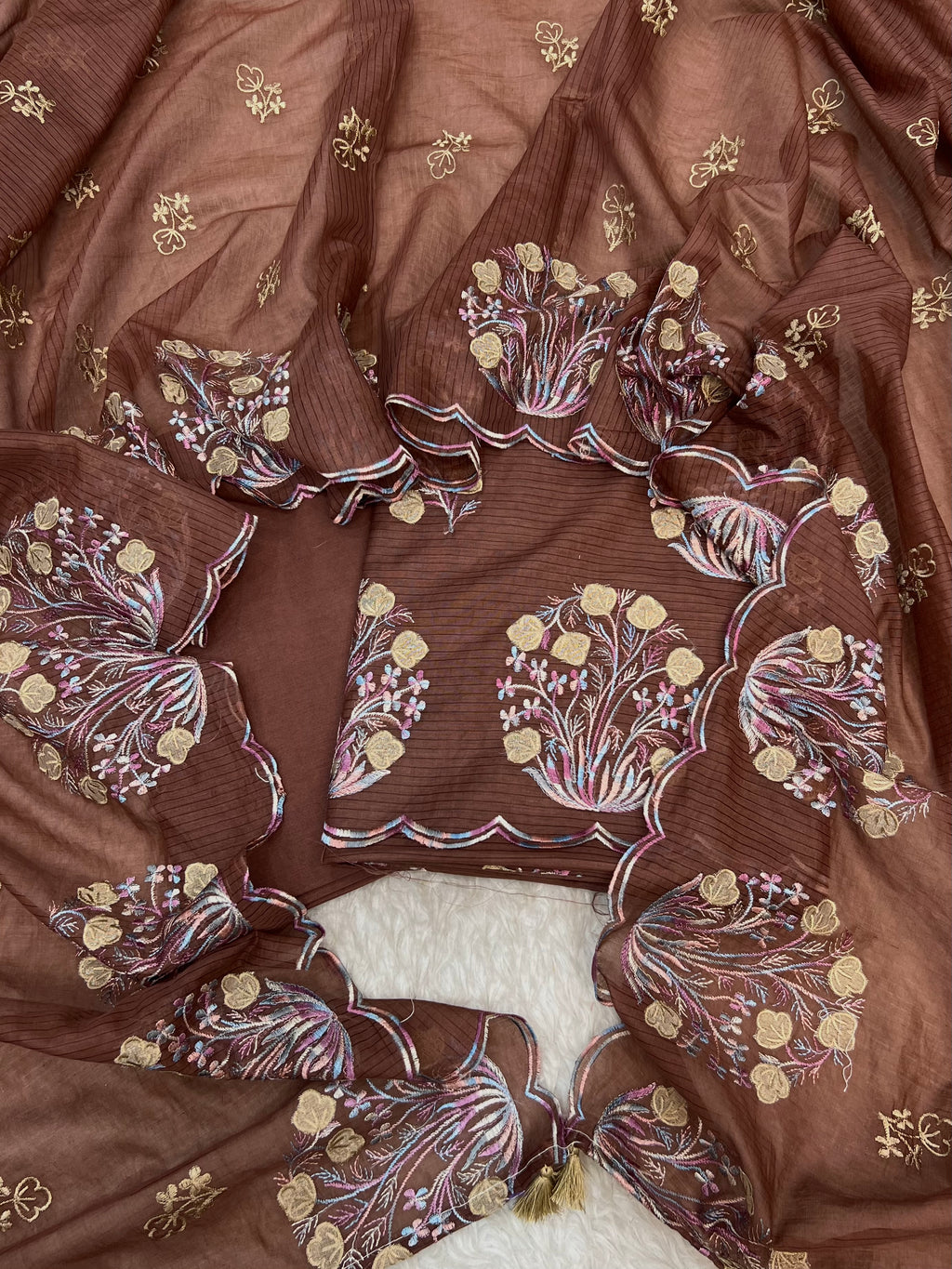 Pure mal Chanderi stripe weaved floral embroidered blossom boota unstiched suits sets