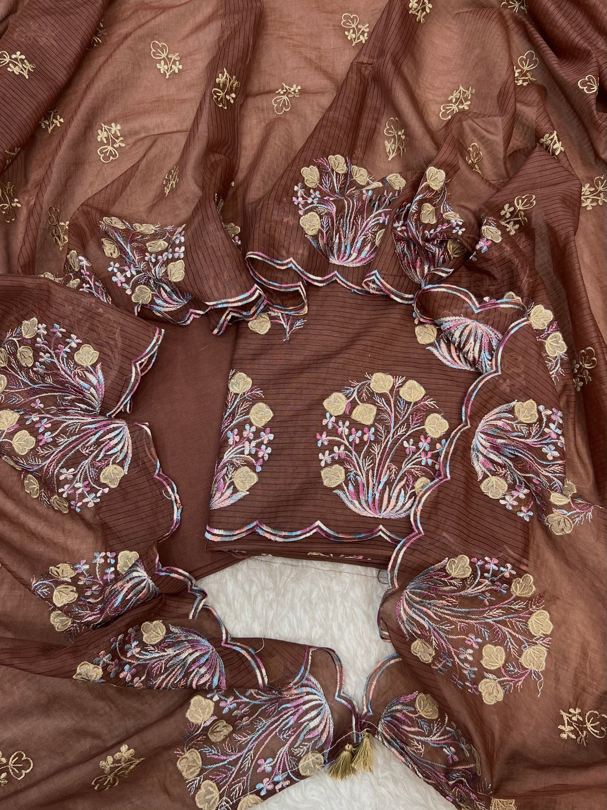 Pure mal Chanderi stripe weaved floral embroidered blossom boota unstiched suits sets