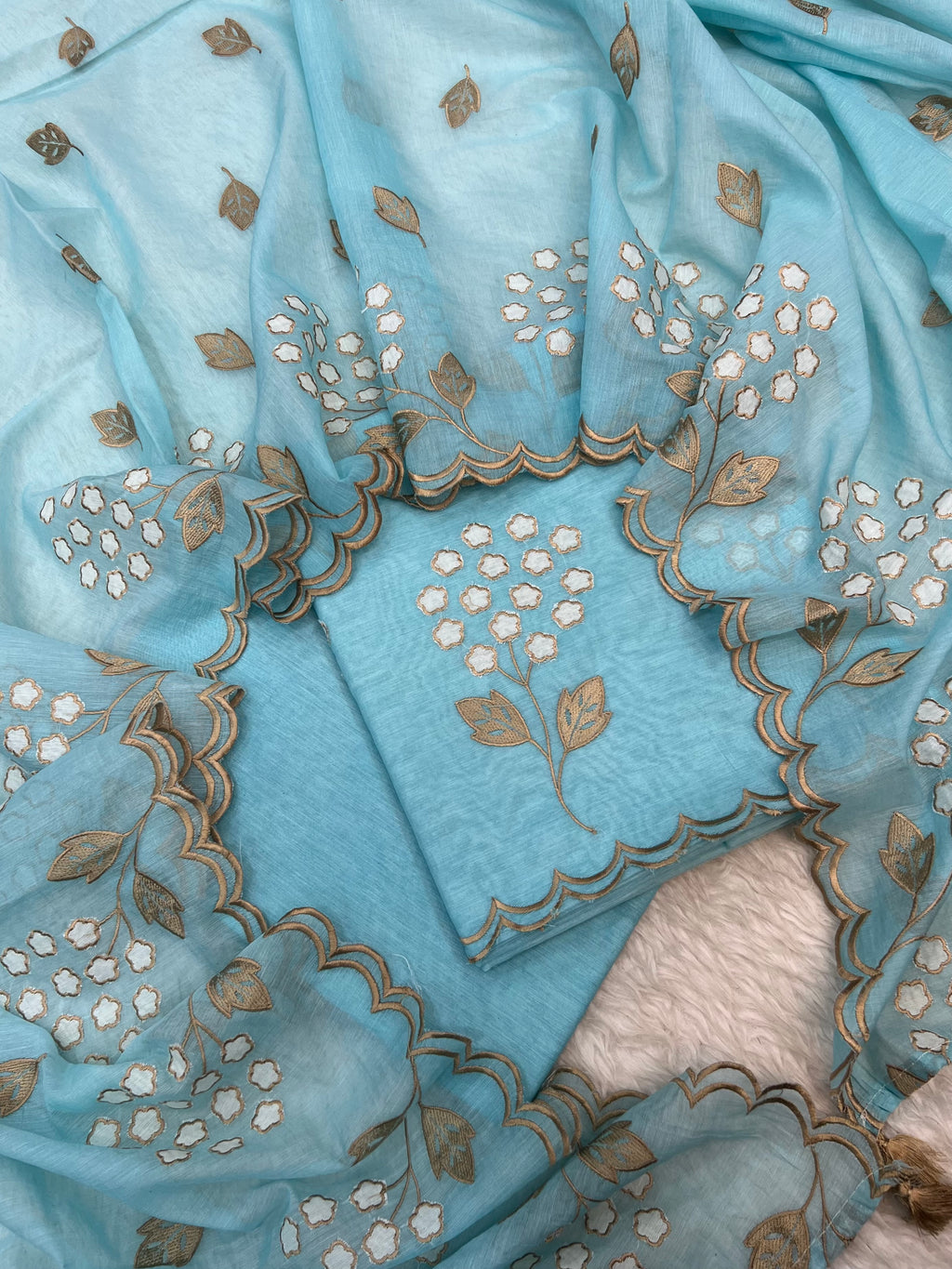 Pure mal Chanderi beige tussar embroidered cotton applique Alia Bhatt inspired unstitched suits sets
