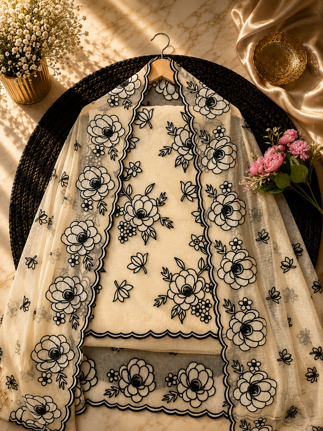 Pure mal Chanderi black thread embroidery with cotton Applique cutwork unstitched suits sets