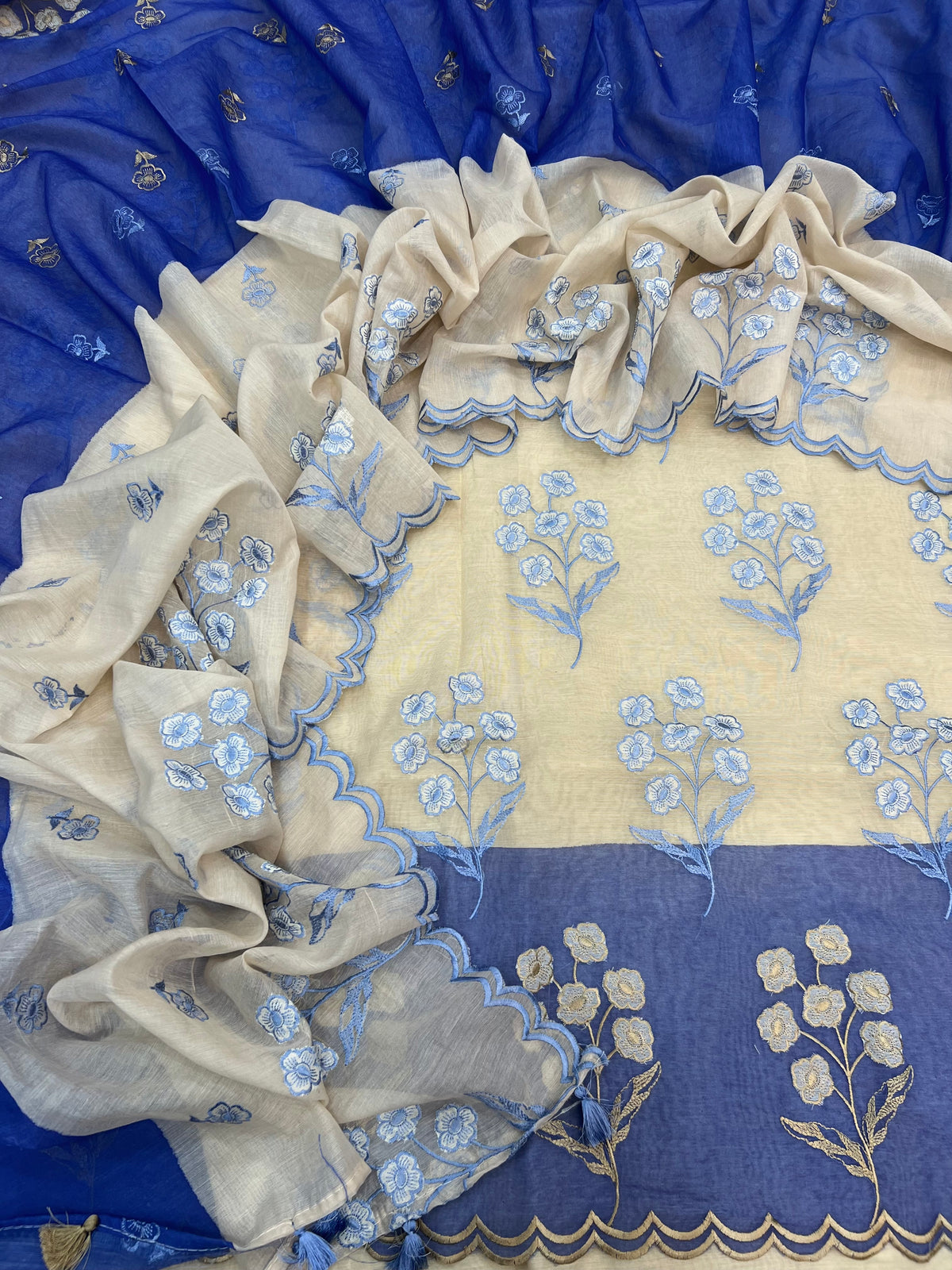 Pure mal Chanderi tussar beige cotton Applique contrast dyed unstiched suits