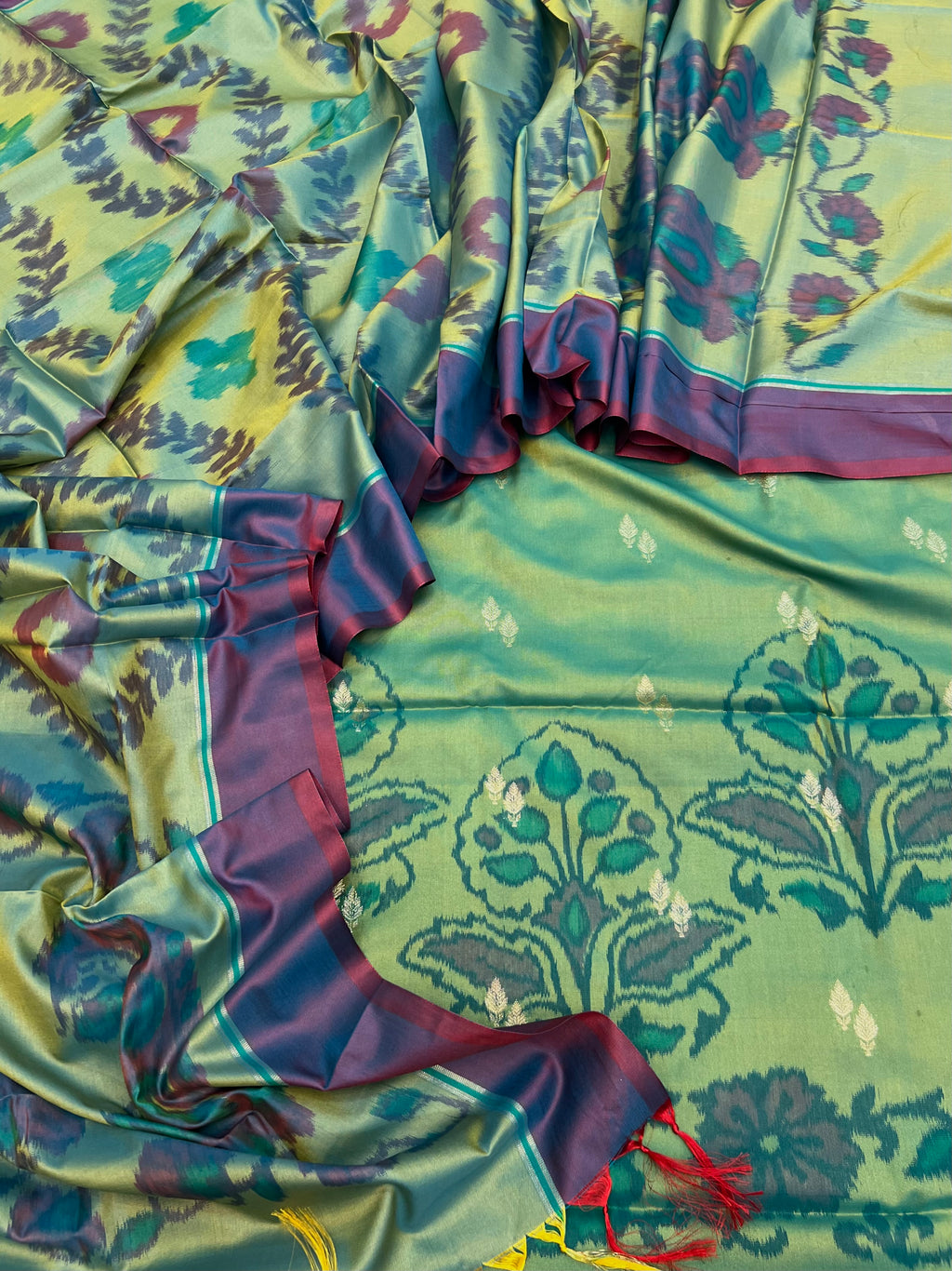 Pochampalli ikkat tani print katan silk unstiched suits sets