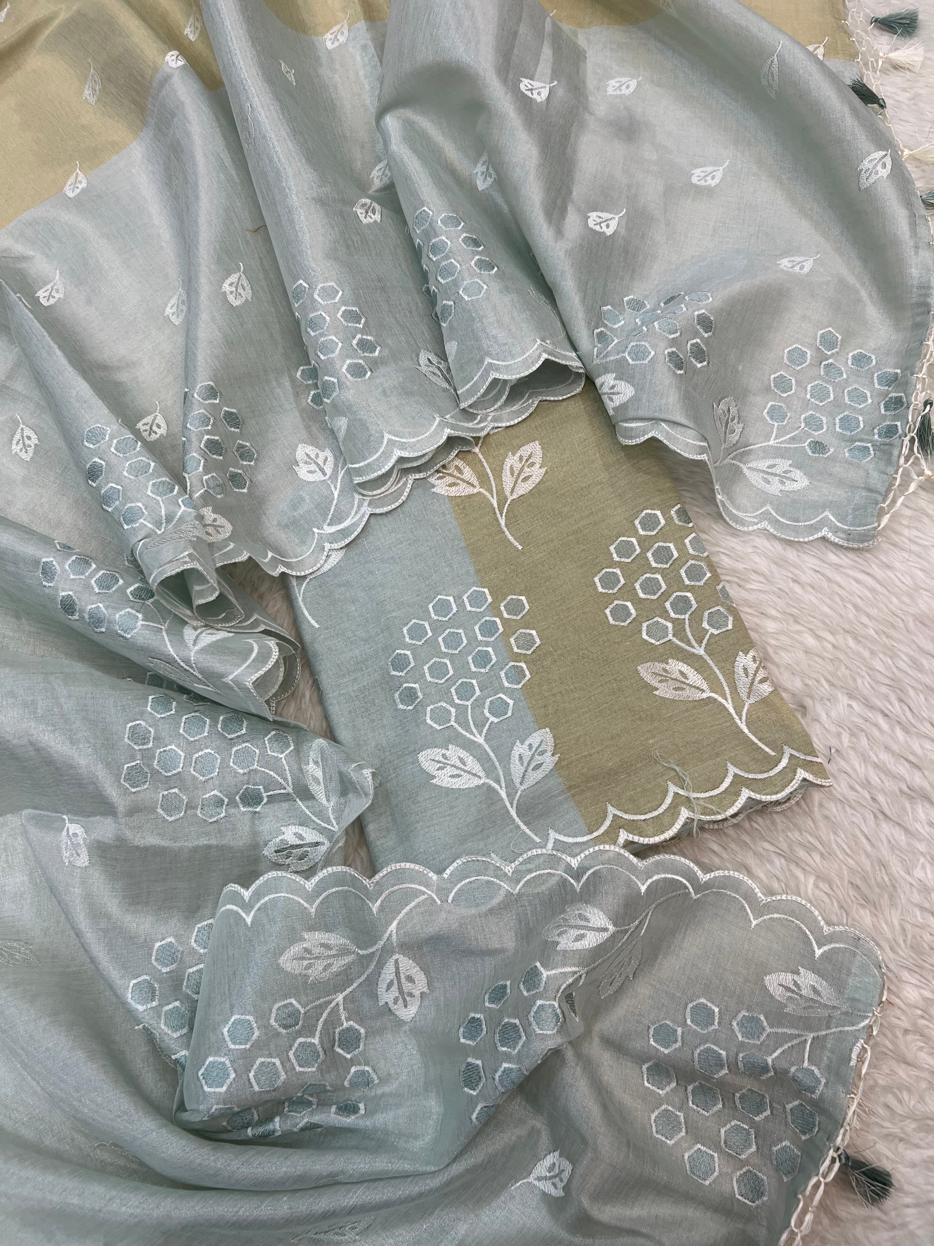 Pure tissue 2D patta contrast embroidered scalloping border unstiched suits sets