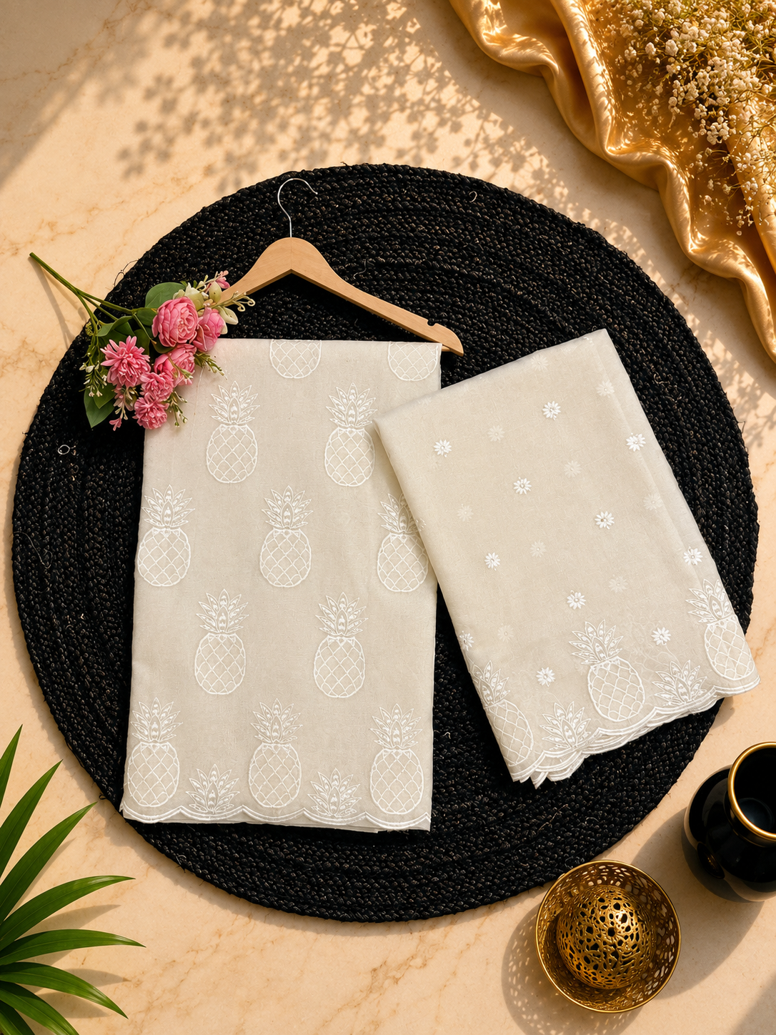 Pure mal Chanderi cotton Applique dyeable fruits inspired unstitched suit sets