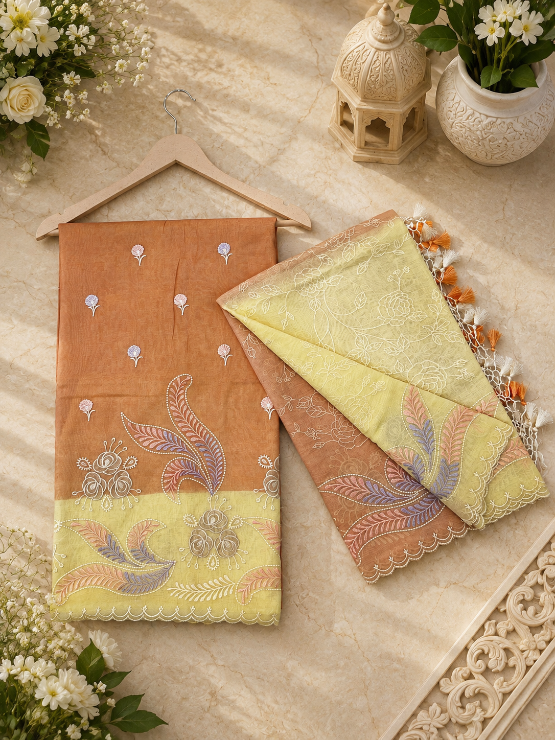 Pure mal Chanderi embroidery with contrast dyed unstiched suits sets