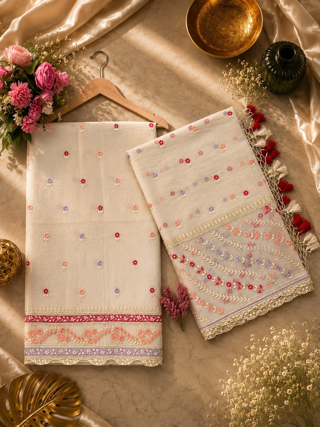 Pure mal Chanderi interlocking arched rangkat multi embroidered unstitched suit sets