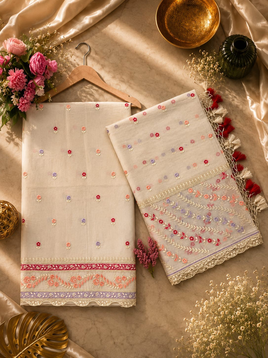 Pure mal Chanderi interlocking arched rangkat multi embroidered unstitched suit sets
