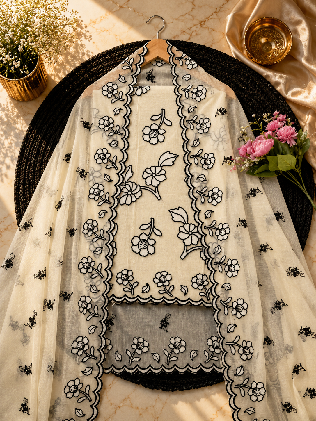 Pure mal Chanderi black thread embroidery with cotton Applique cutwork unstitched suits sets
