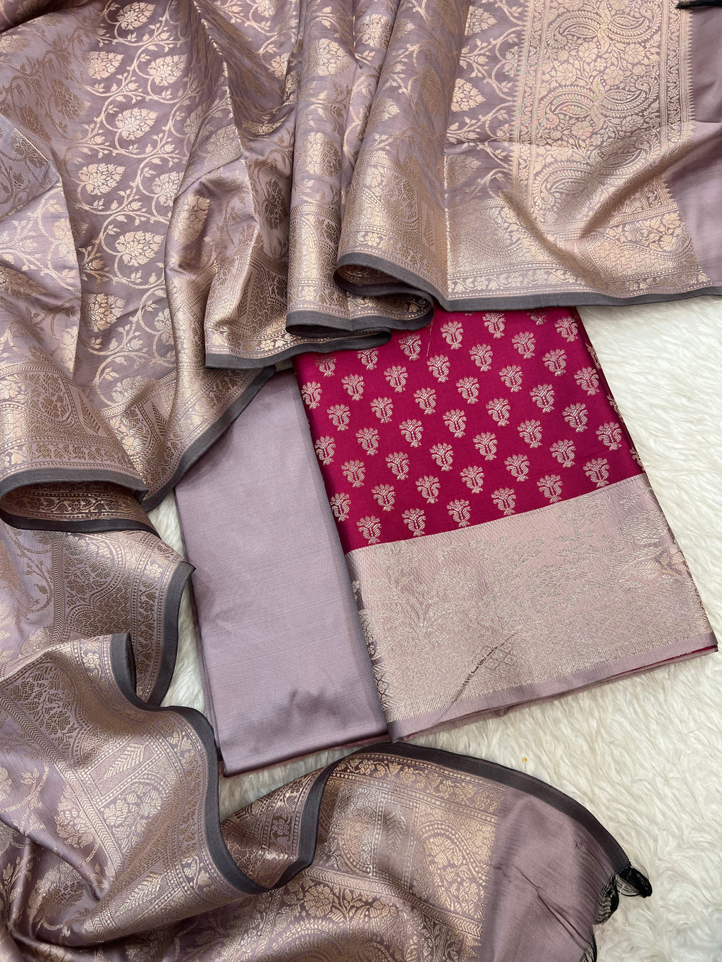 Banarasi silk zari jackard weaving multi contrast unstitched suits sets