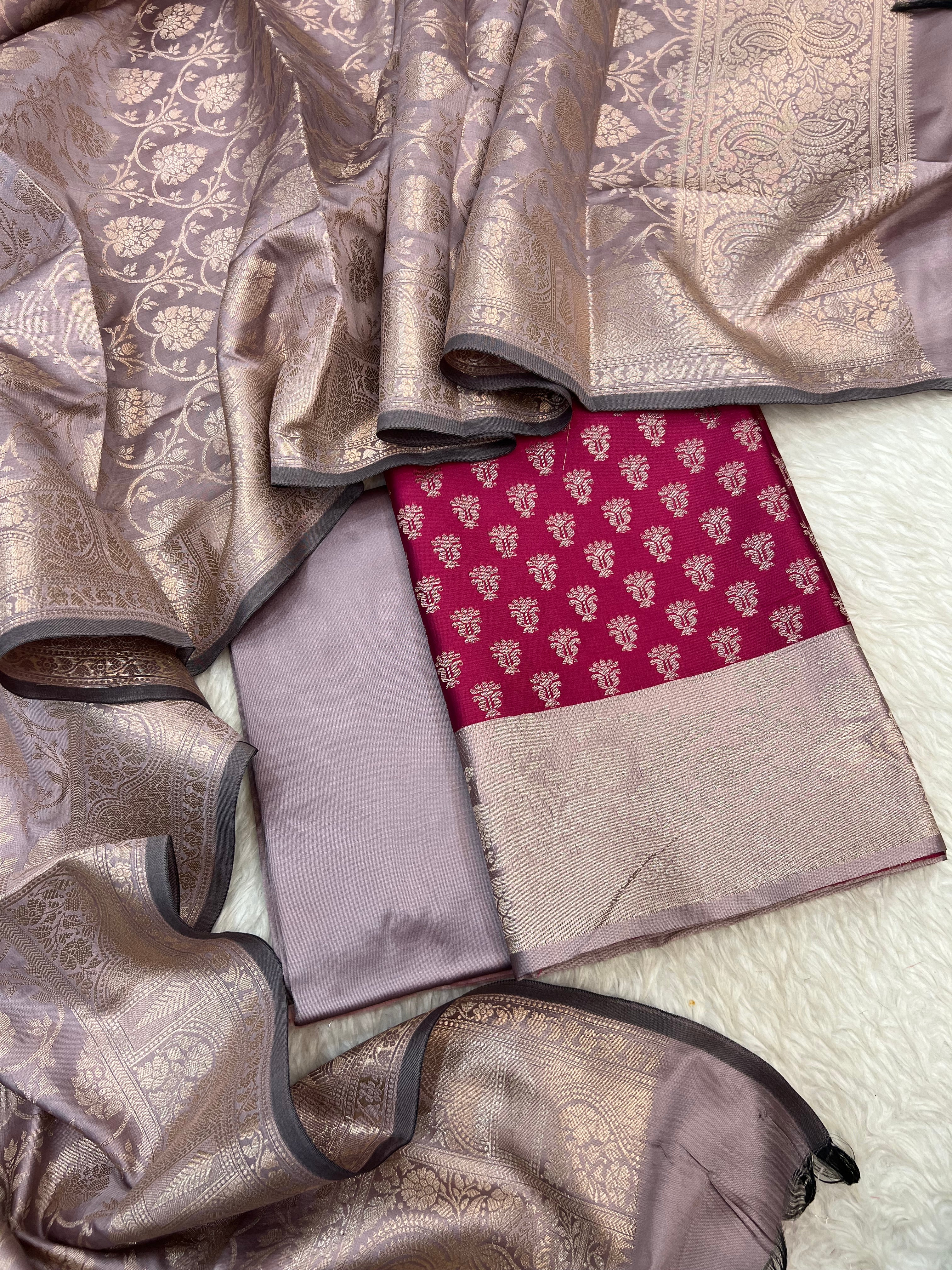 Banarasi silk zari jackard weaving multi contrast unstitched suits sets
