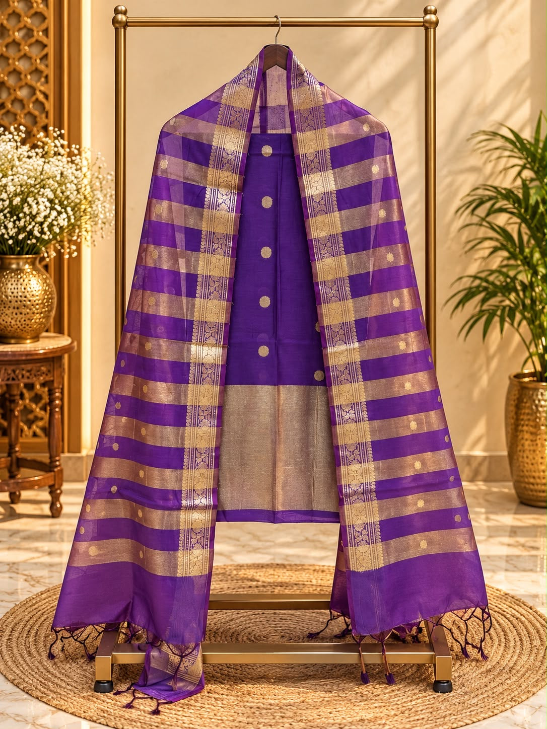Pure mal Chanderi zari stripe polka weaved unstiched suits sets