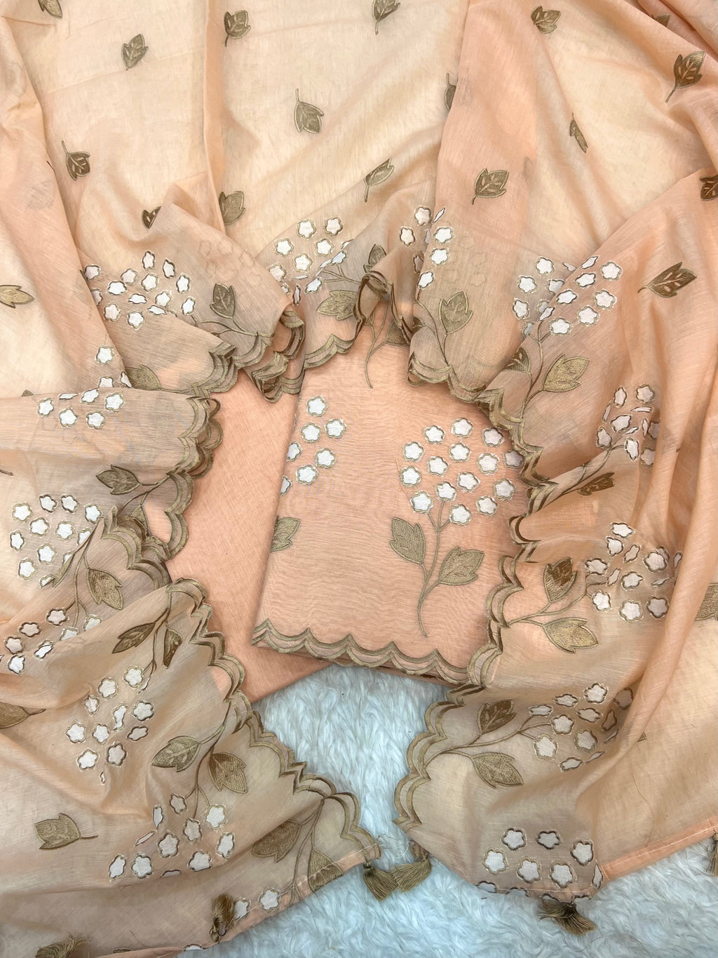 Pure mal Chanderi beige tussar embroidered cotton applique Alia Bhatt inspired unstitched suits sets