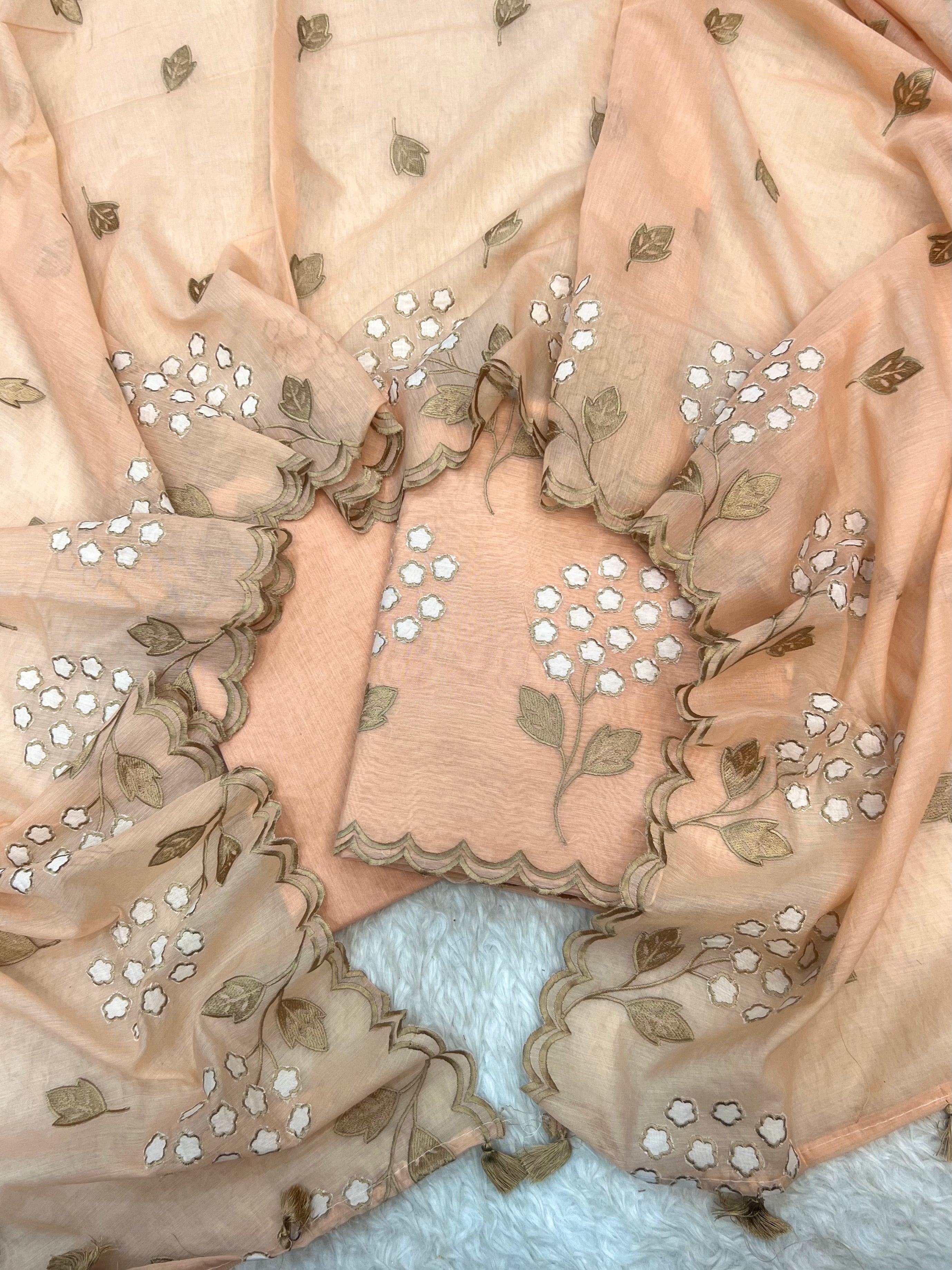 Pure mal Chanderi beige tussar embroidered cotton applique Alia Bhatt inspired unstitched suits sets