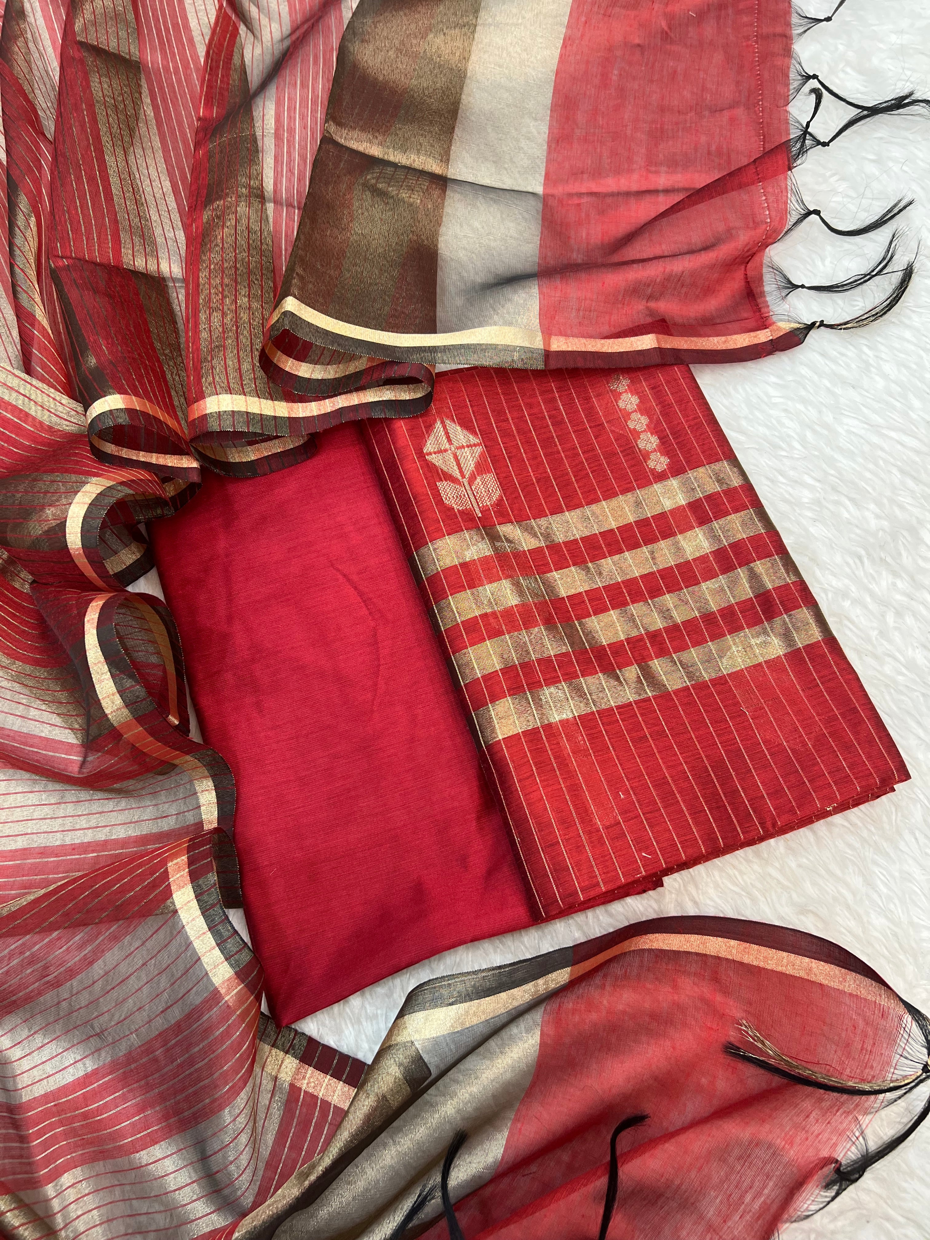 Banarasi cotton zari stripe almond boota design unstitched suit sets