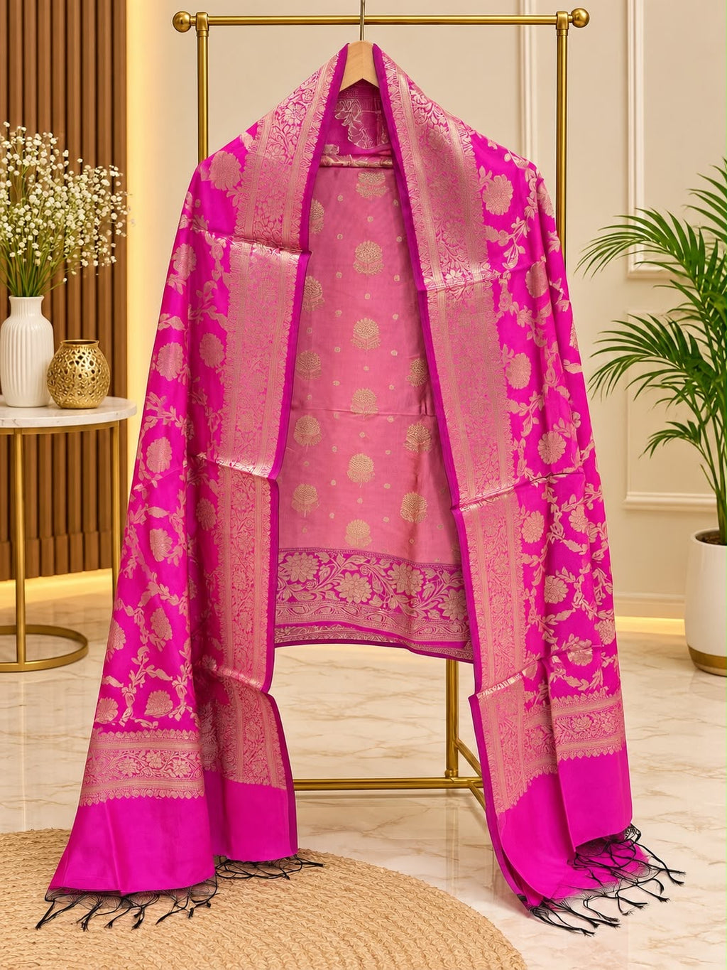 Banarasi silk zari jackard weaved contrast unstiched suits sets