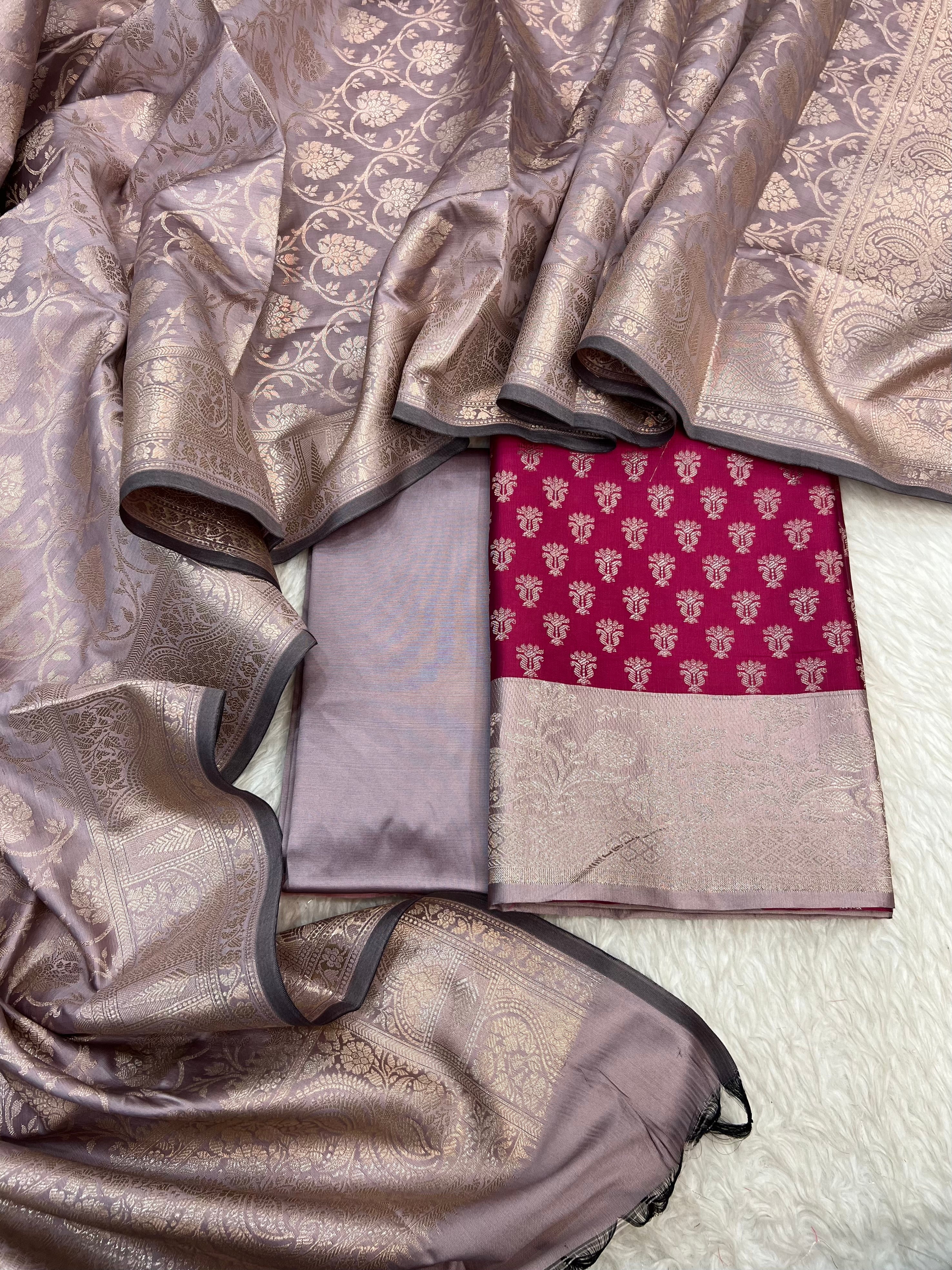 Banarasi silk zari jackard weaving multi contrast unstitched suits sets