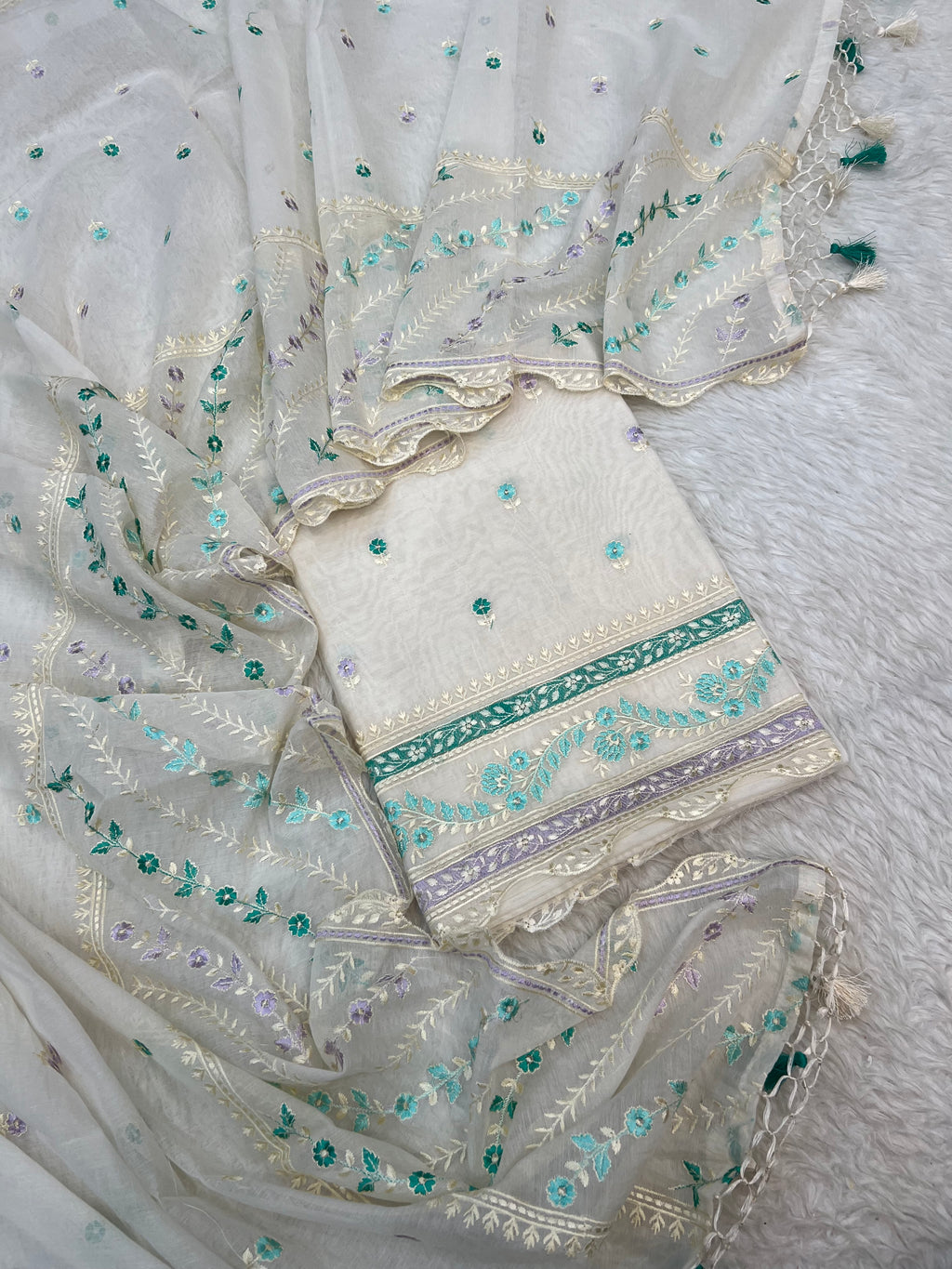 Pure mal Chanderi interlocking arched rangkat multi embroidered unstitched suit sets