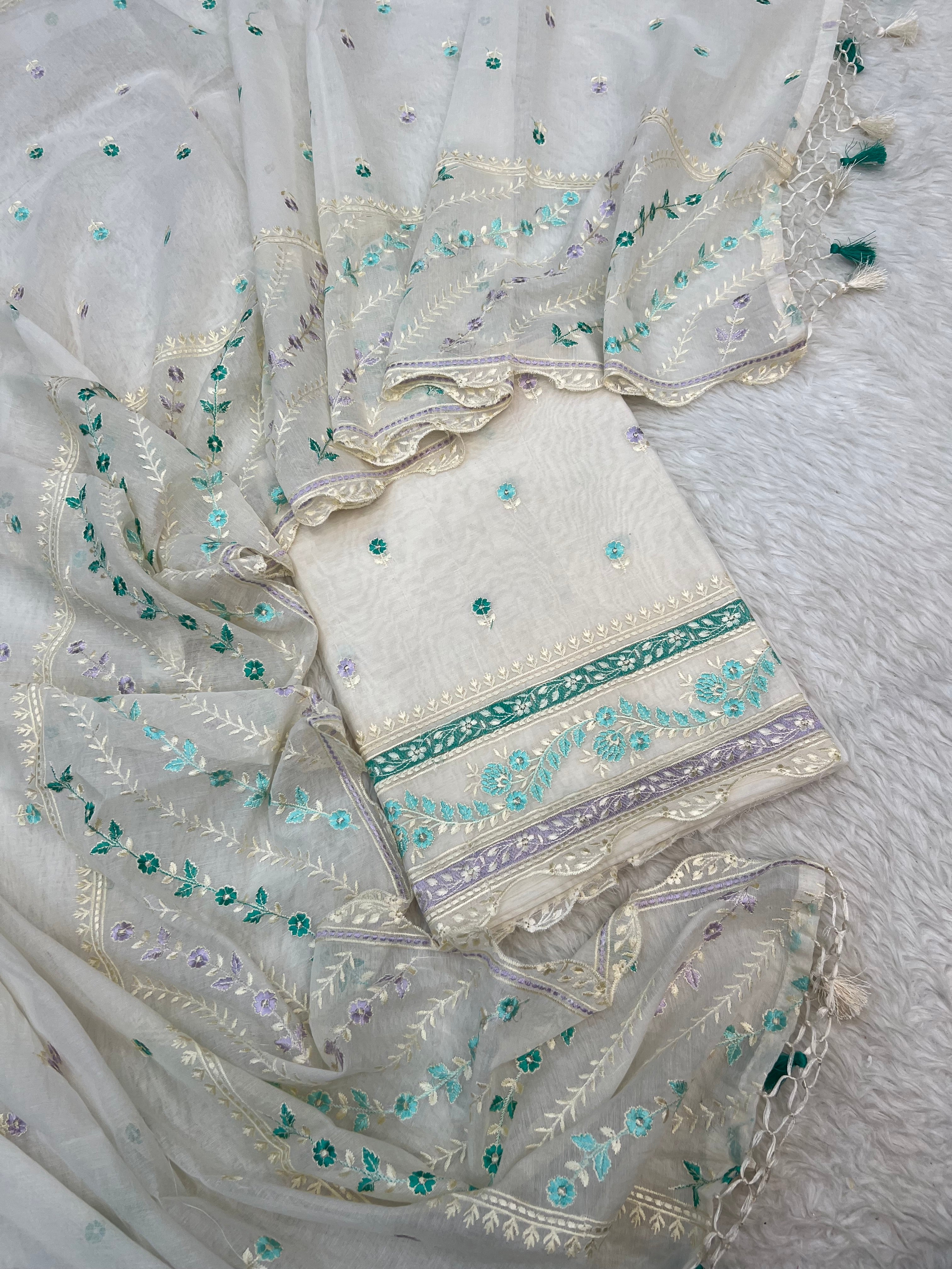 Pure mal Chanderi interlocking arched rangkat multi embroidered unstitched suit sets
