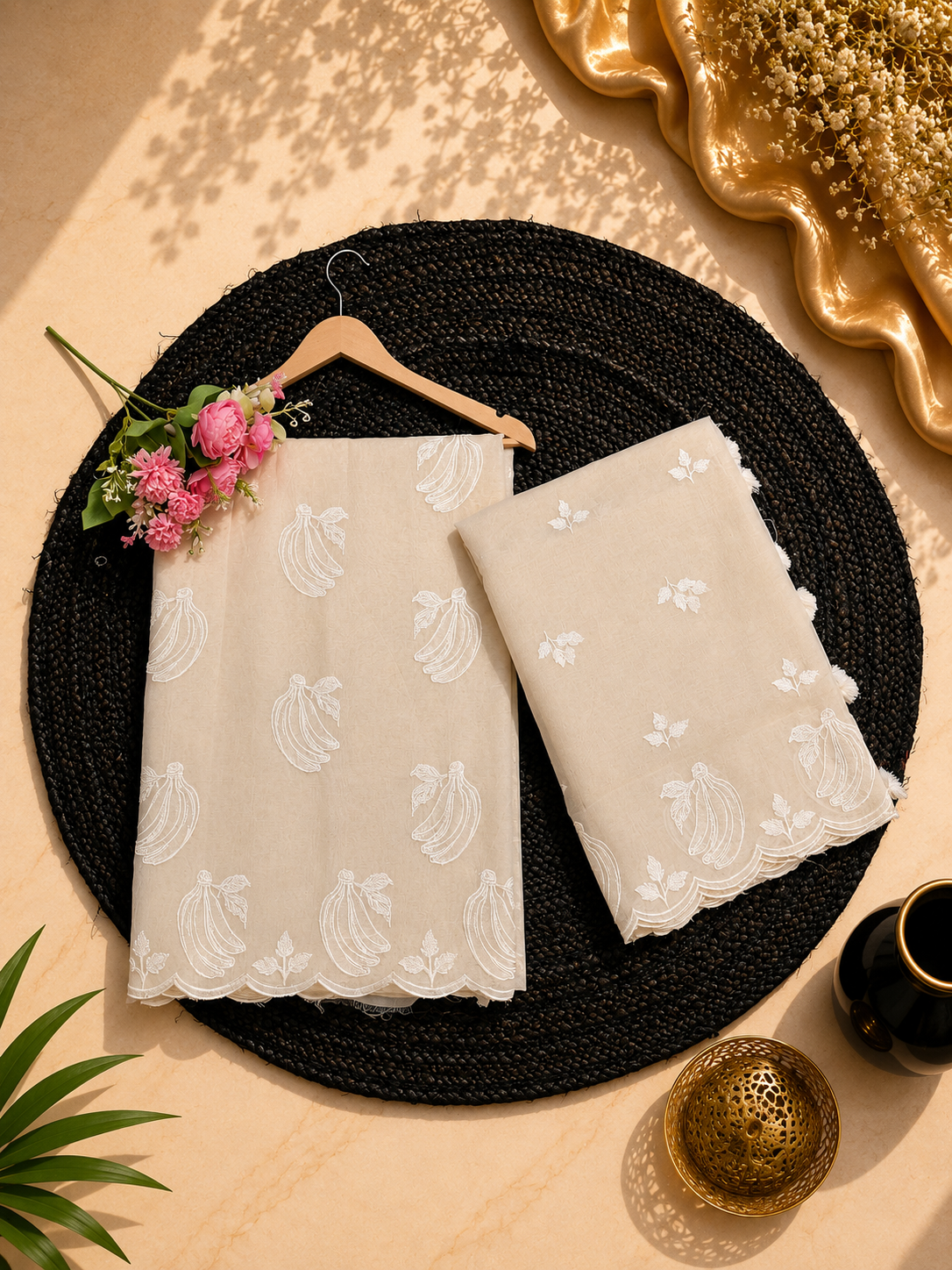 Pure mal Chanderi cotton Applique dyeable fruits inspired unstitched suit sets