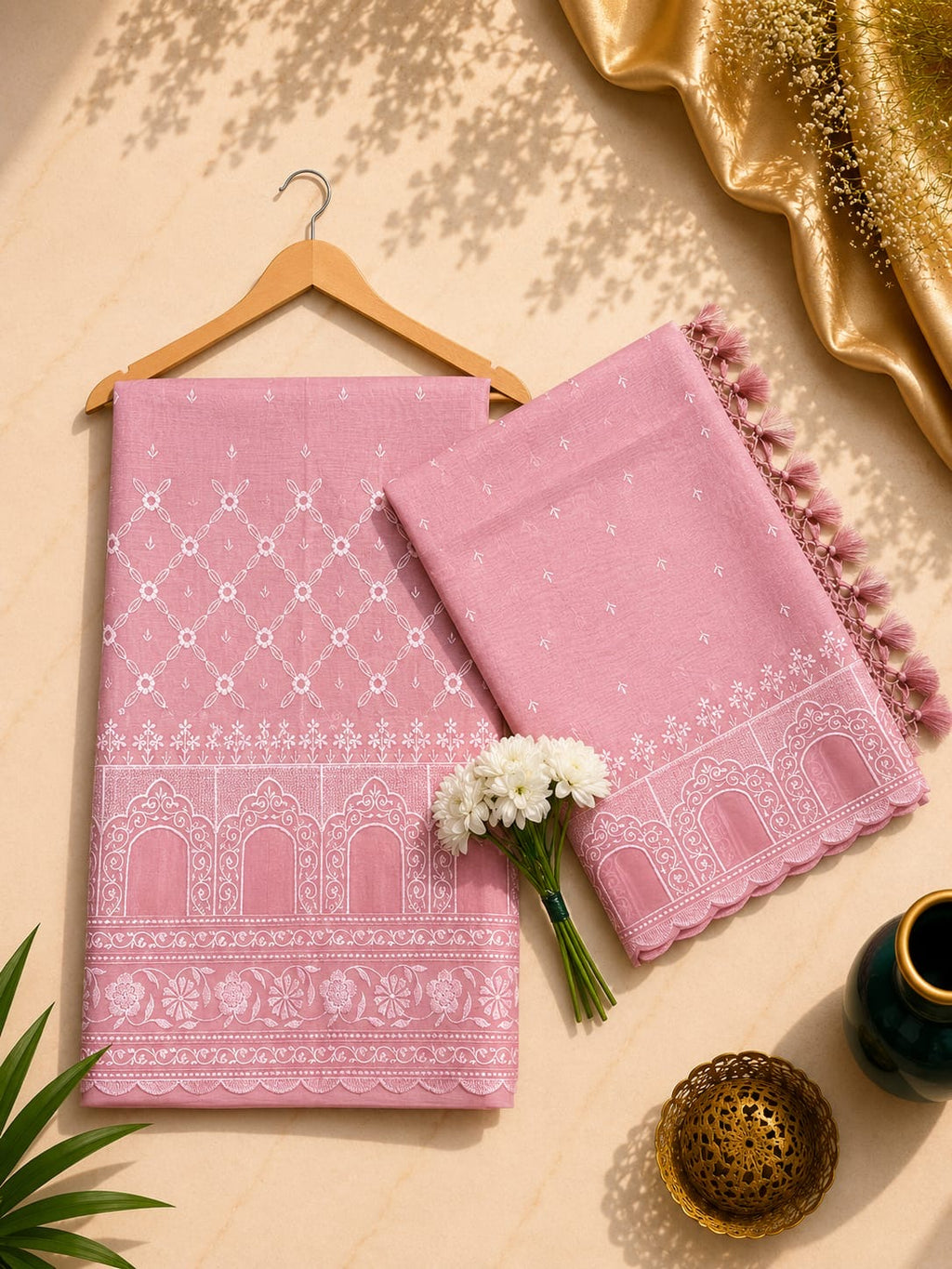 Pure mal Chanderi embroidery with organza Applique cutwork unstitched suit sets