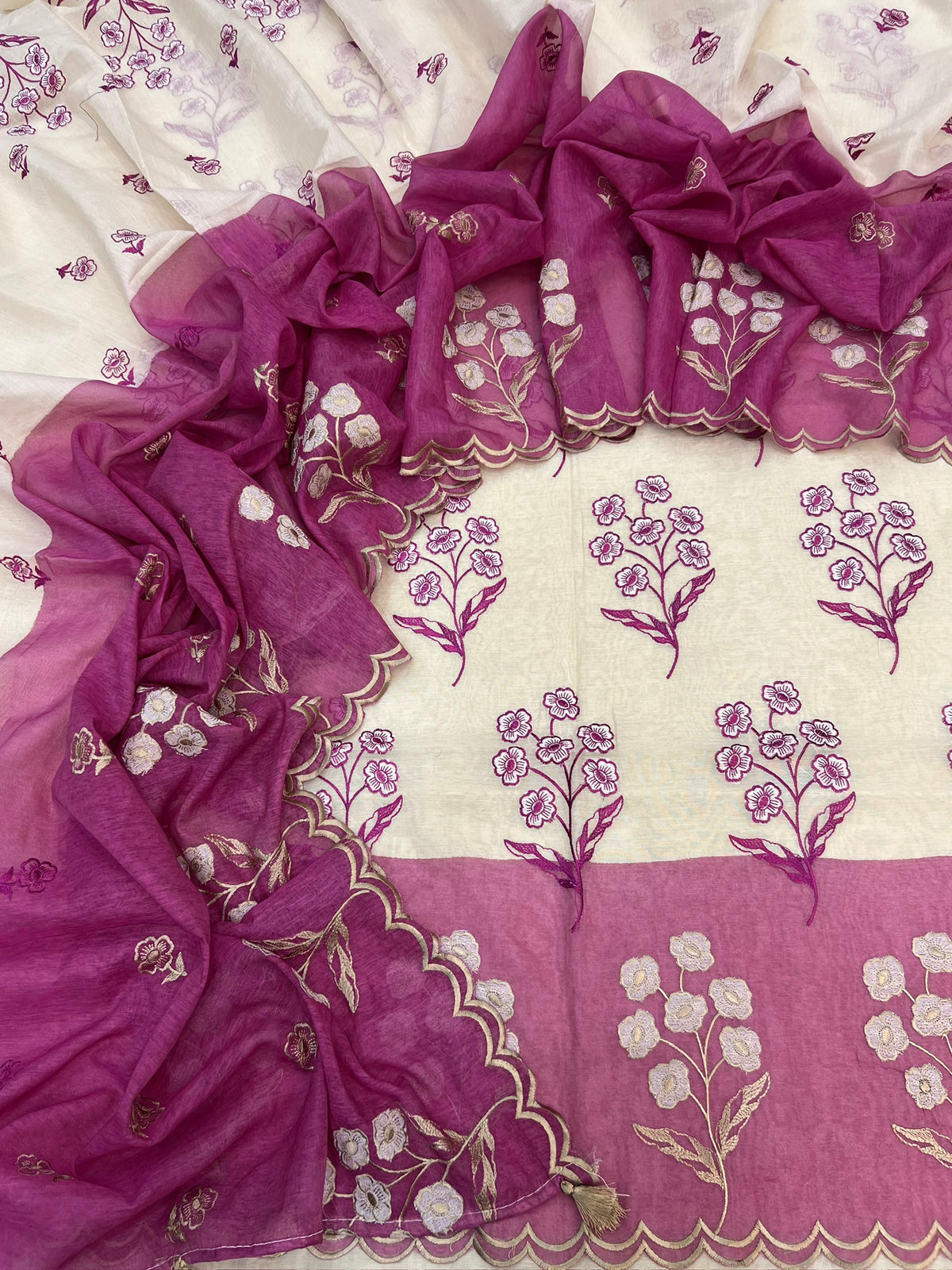 Pure mal Chanderi tussar beige cotton Applique contrast dyed unstiched suits