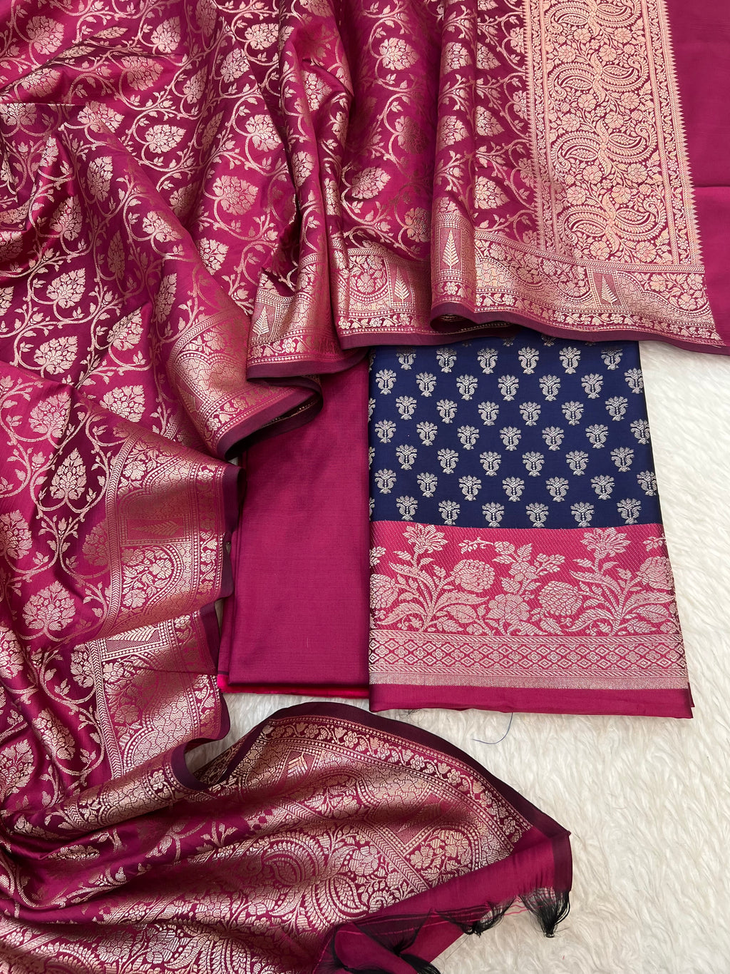 Banarasi silk zari jackard weaving multi contrast unstitched suits sets