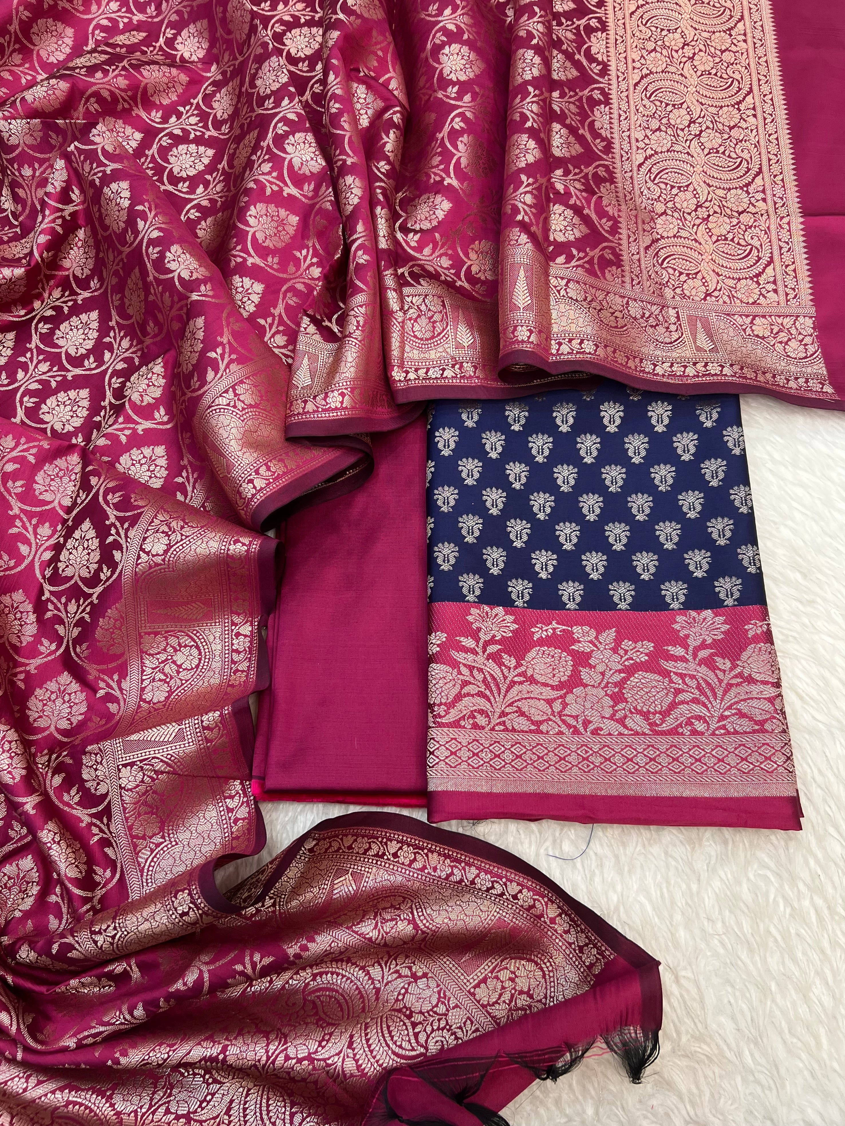Banarasi silk zari jackard weaving multi contrast unstitched suits sets
