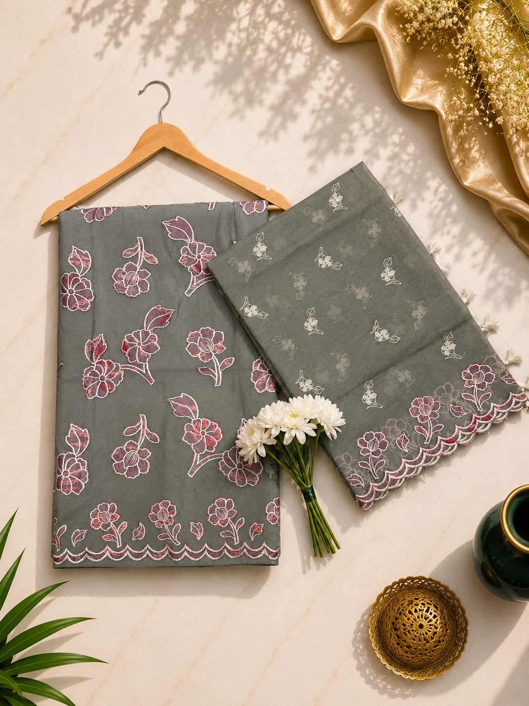 Pure mal Chanderi tissue digital print applique work unstitched suit sets