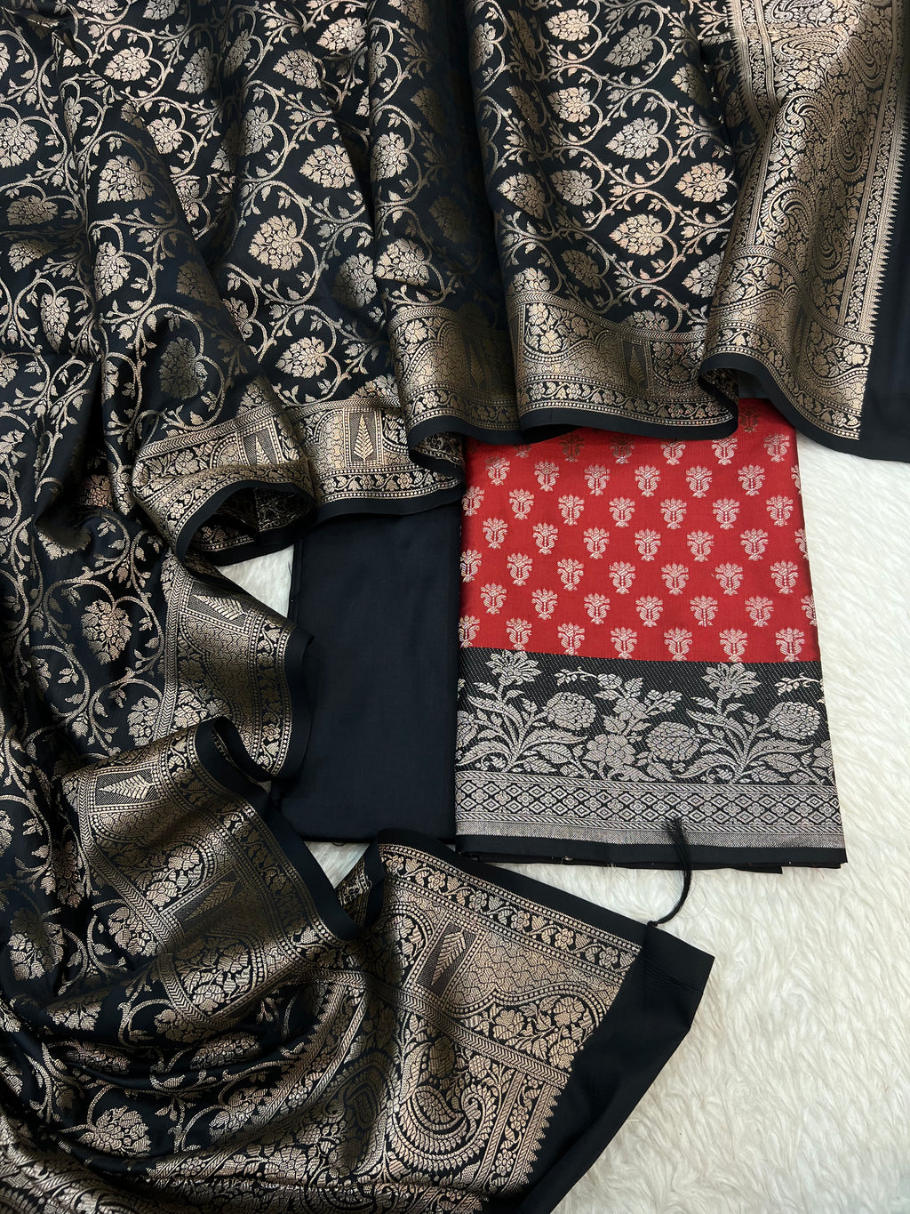 Banarasi silk zari jackard weaving multi contrast unstitched suits sets