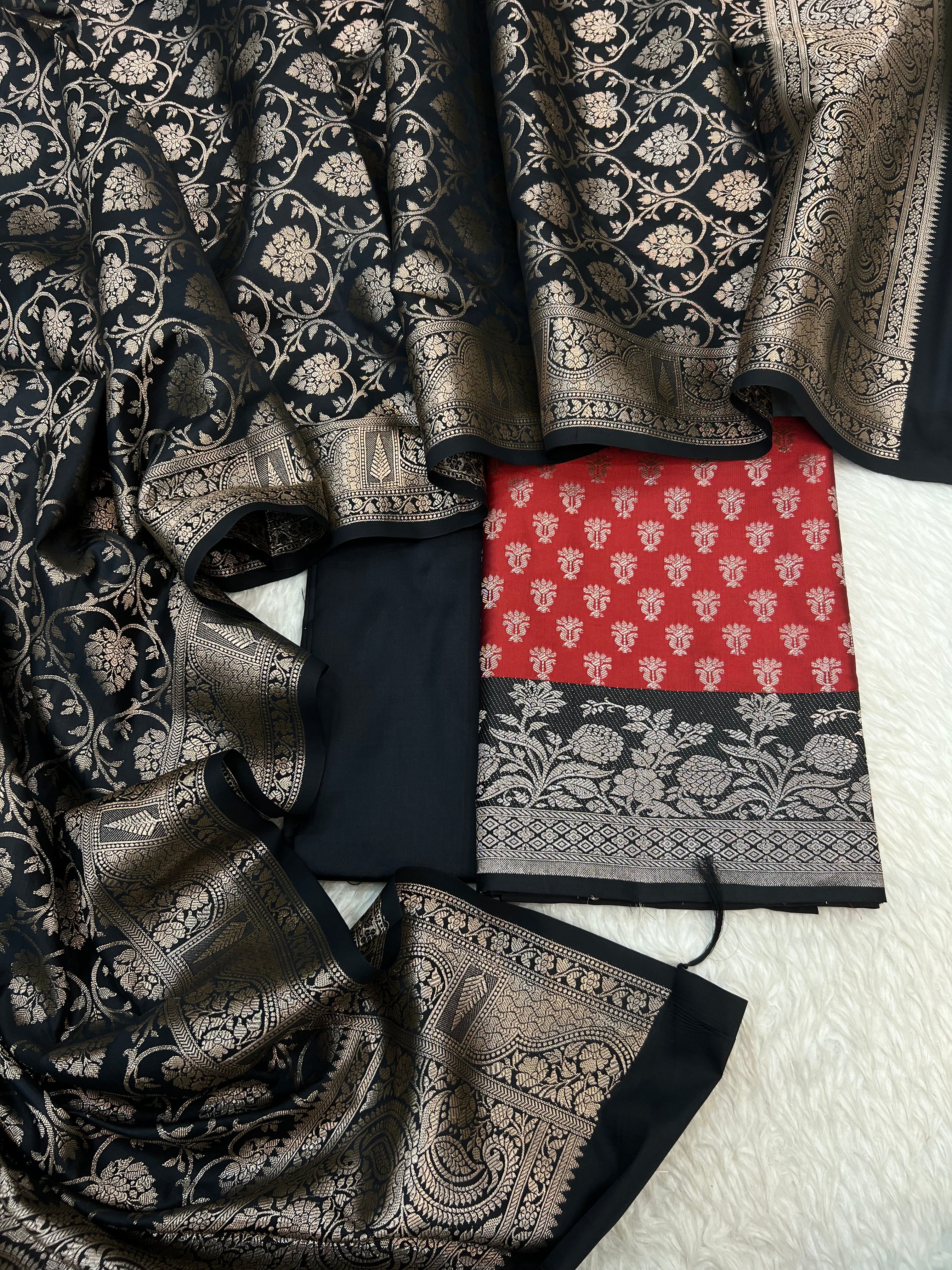 Banarasi silk zari jackard weaving multi contrast unstitched suits sets